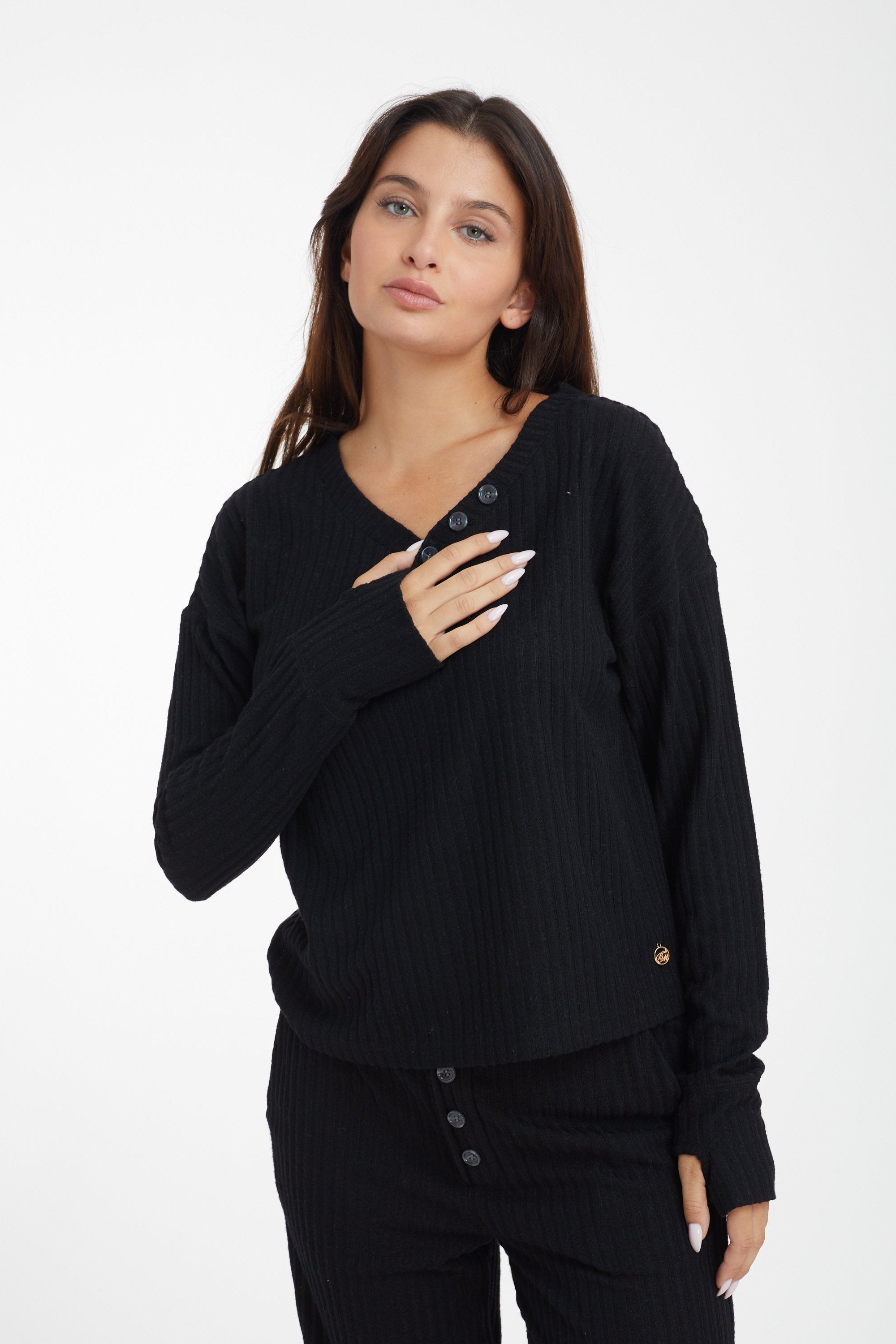 סט ריב צווארון וי כפתורי צד