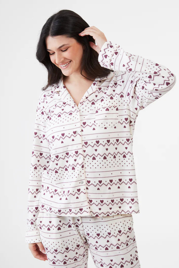 סט פיג'מה דקה מכופתרת לבבות
