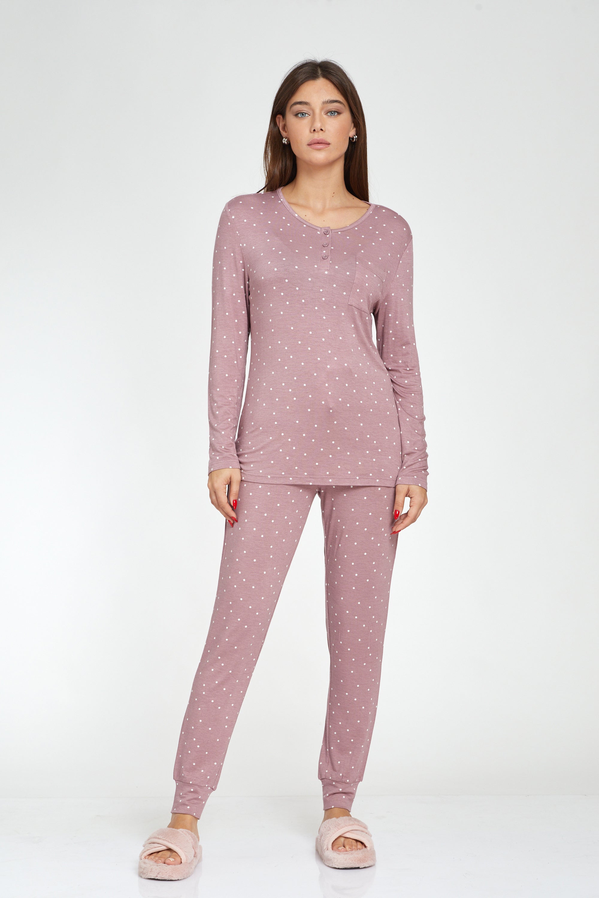 סט פיג'מה ויסקוזה כפתורים נקודות