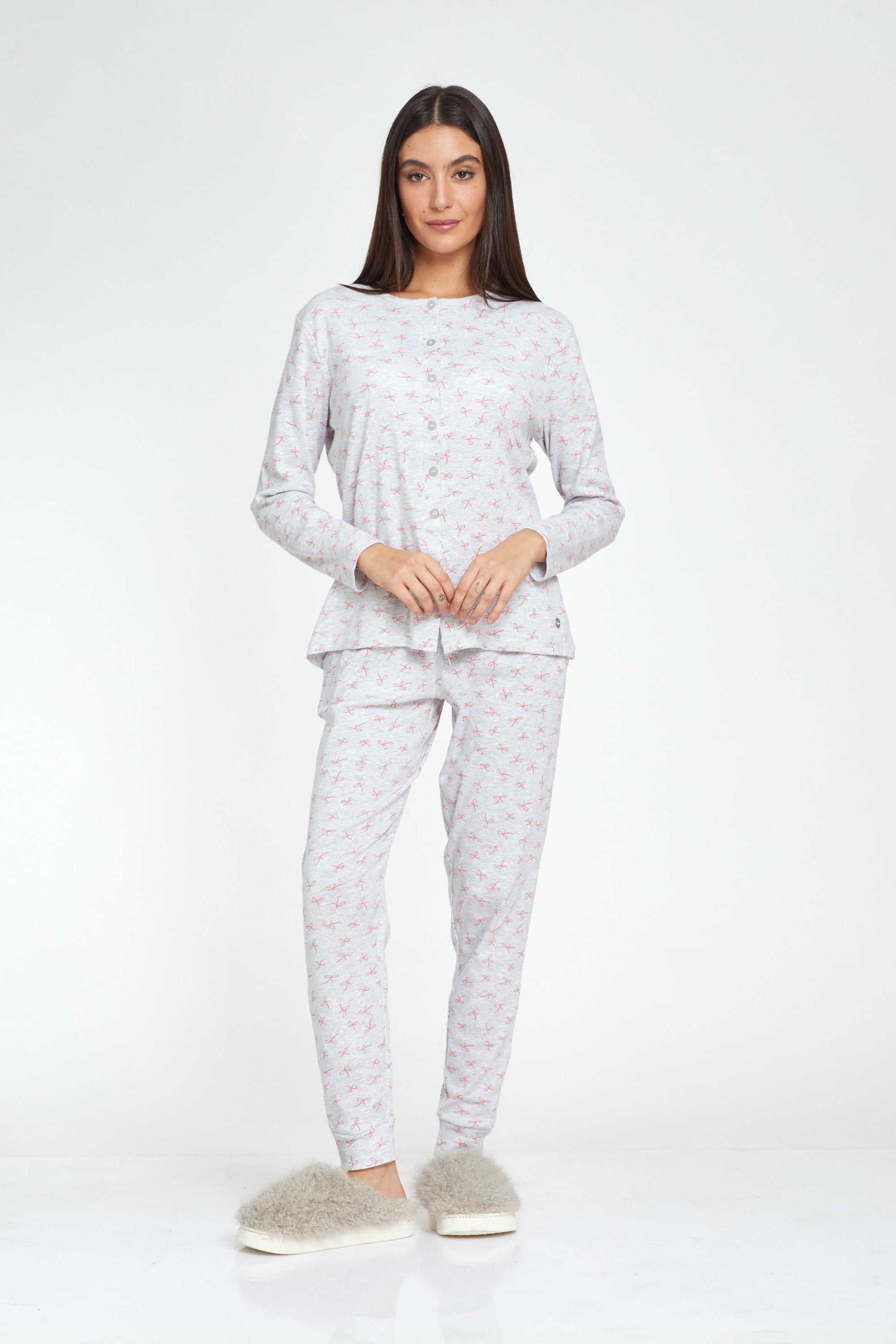 סט פיג'מה כפתורים הדפס פפיונים