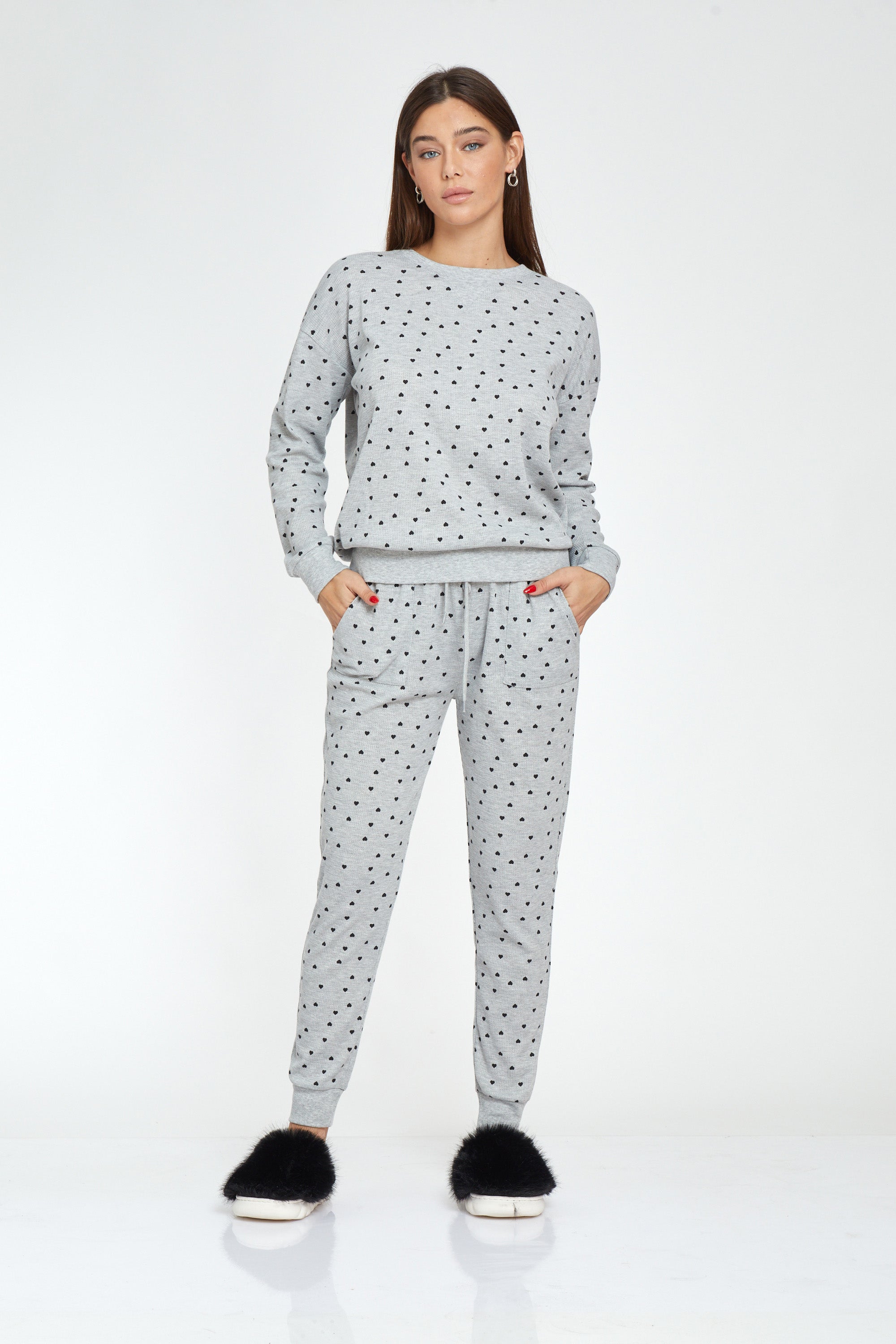 סט פיג'מה לבבות כיסים וואפל