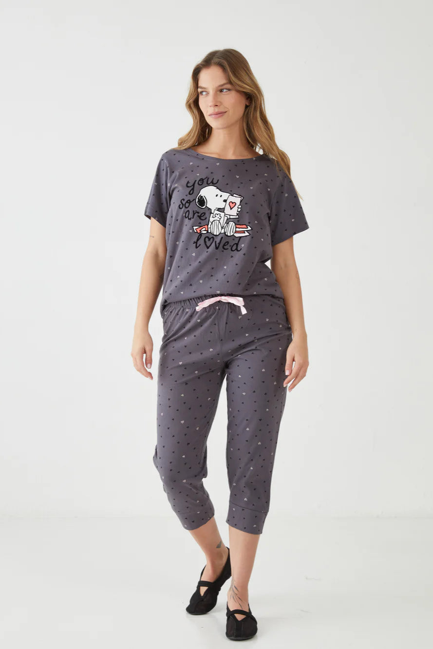 סט פיג'מה 7/8 סנופי לבבות כותנה