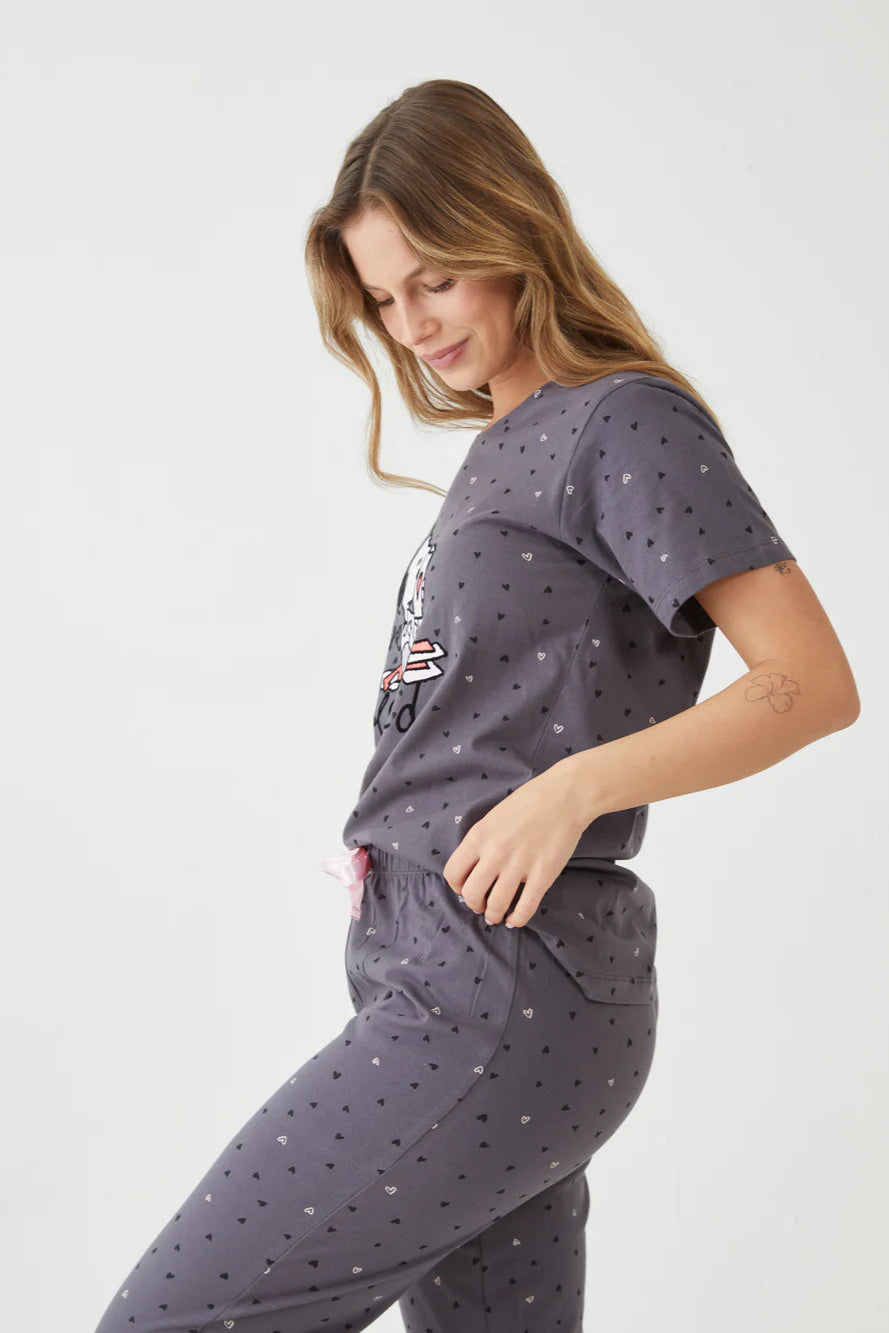 סט פיג'מה 7/8 סנופי לבבות כותנה