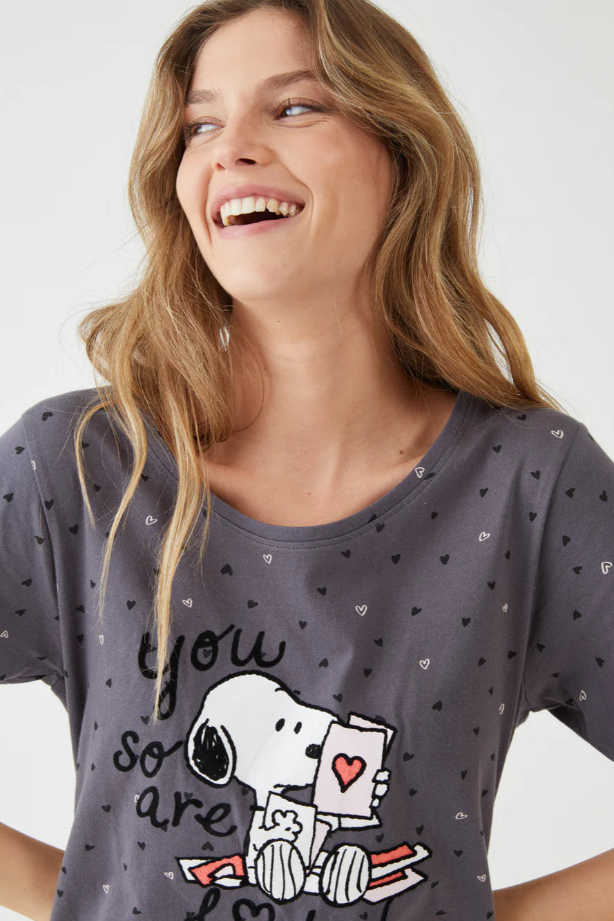 סט פיג'מה 7/8 סנופי לבבות כותנה