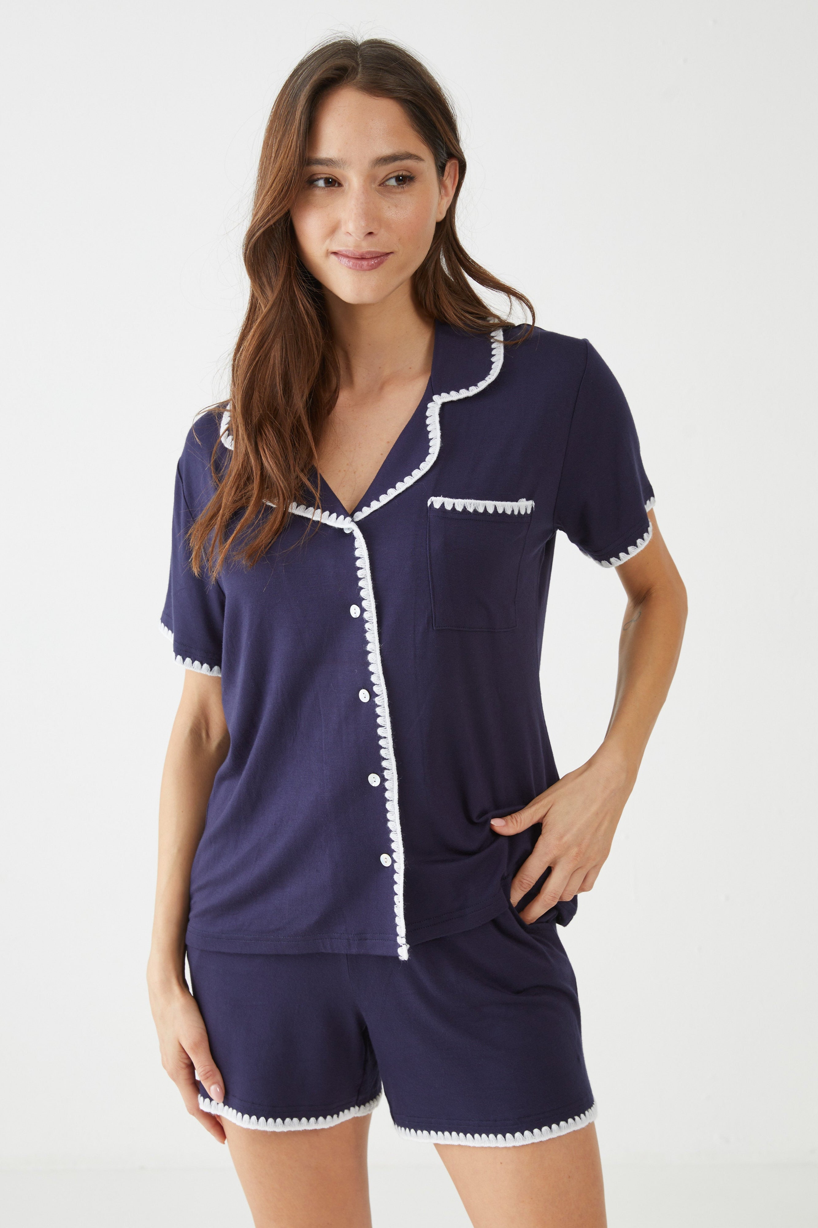 סט פיג'מה ויסקוזה מכופתרת קצרה כחול נייבי