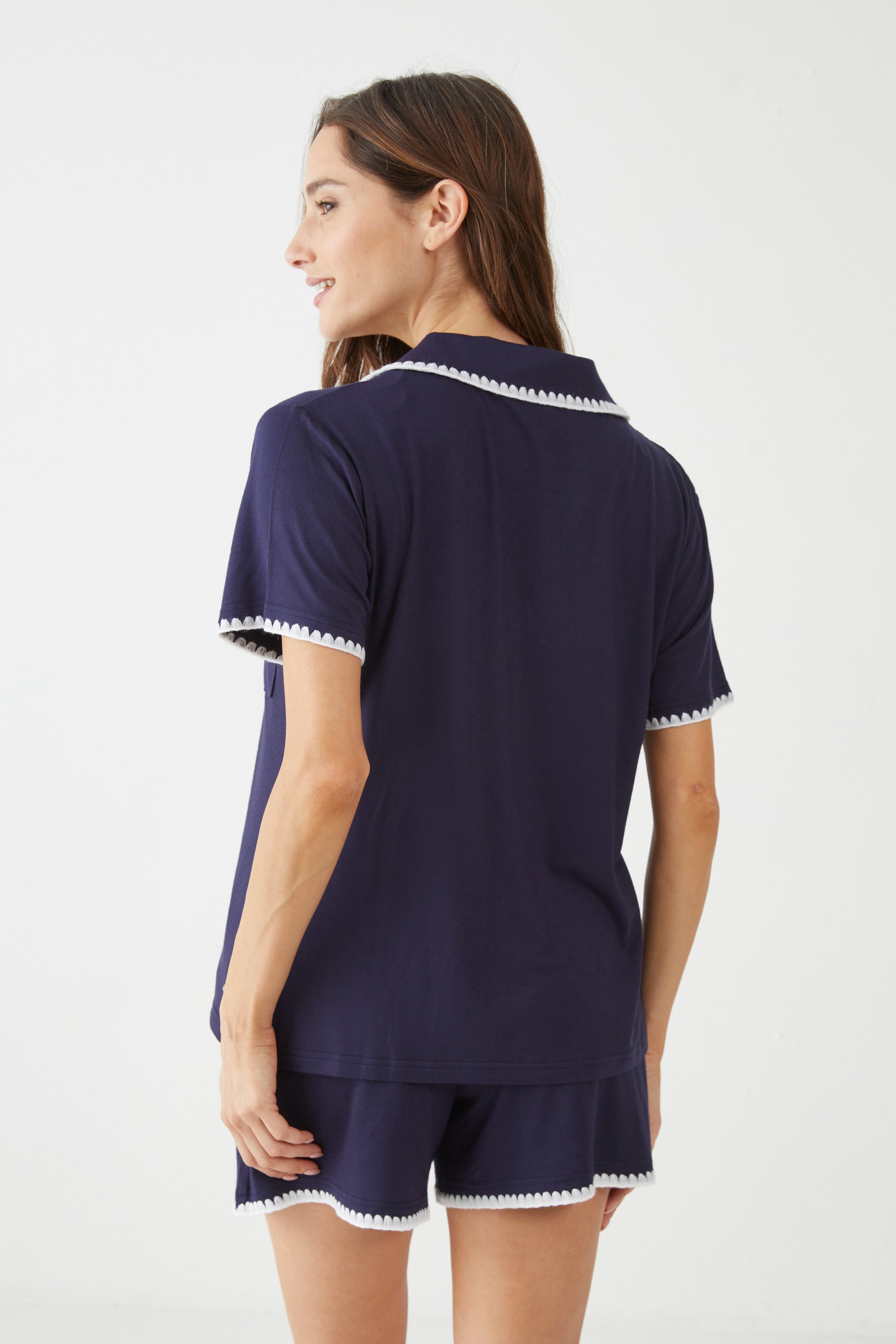 סט פיג'מה ויסקוזה מכופתרת קצרה כחול נייבי