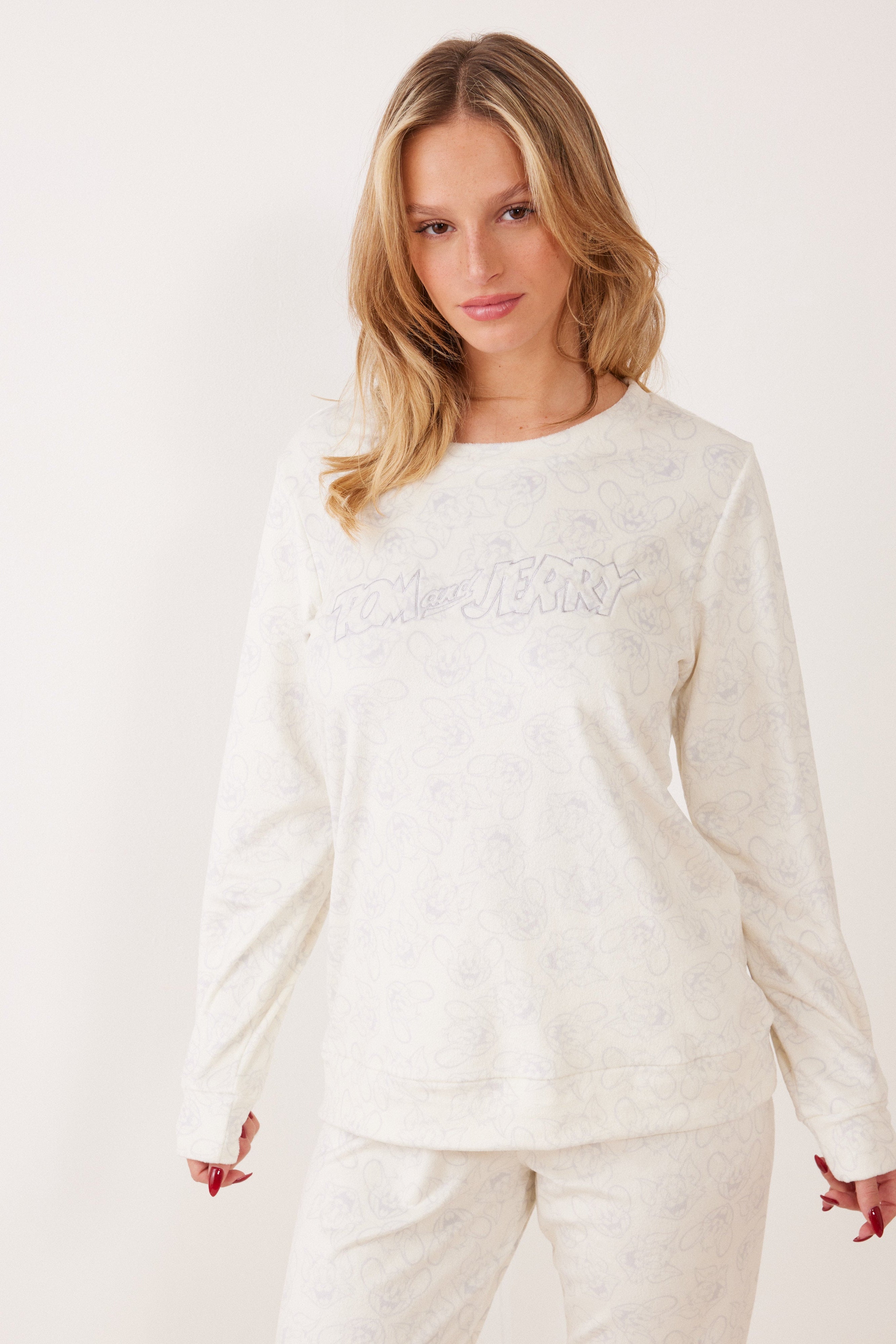 סט פיג'מה קטיפה מכופתרת - שמנת TOM&JERRY