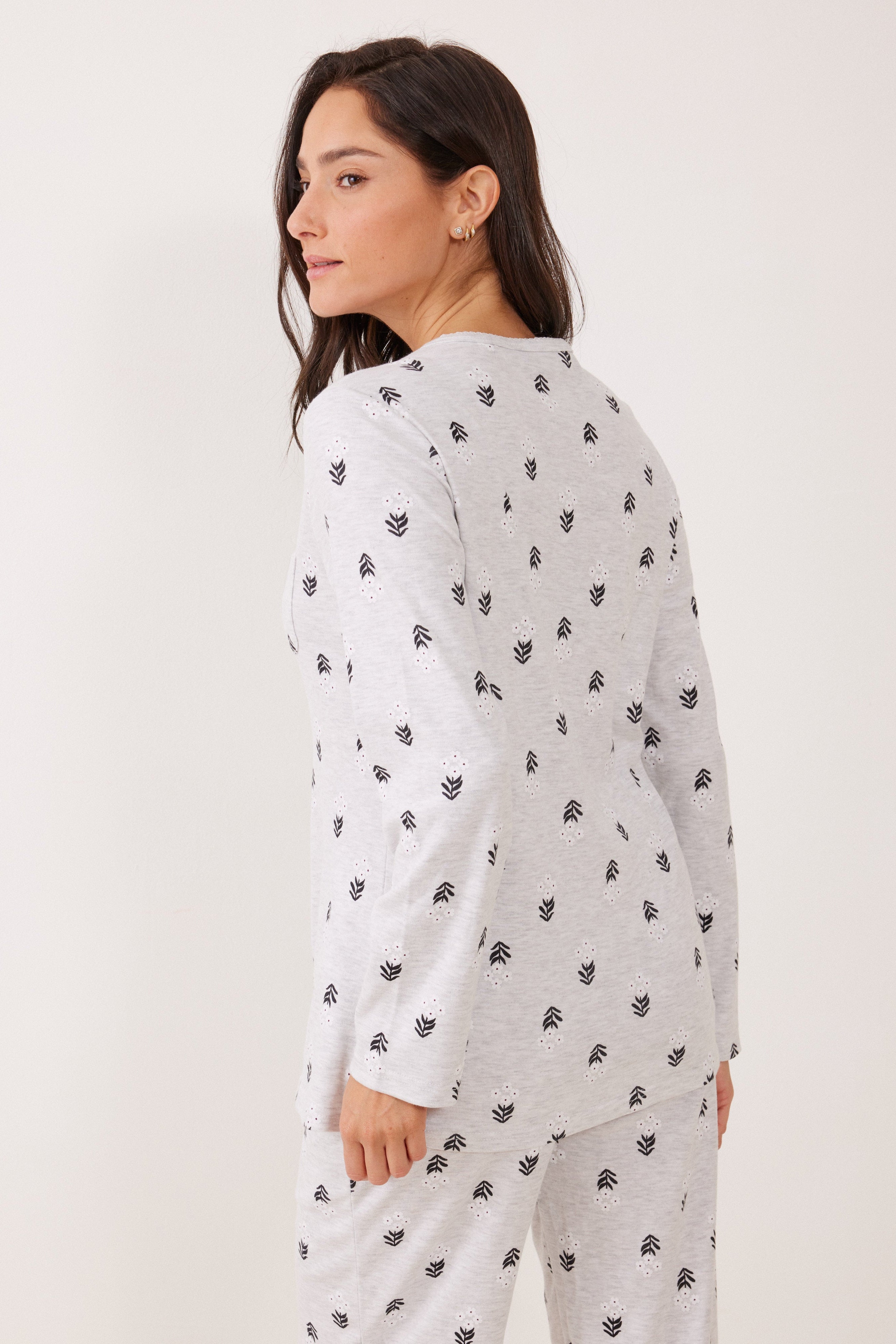 סט פיג'מה כפתורים פרחים כותנה