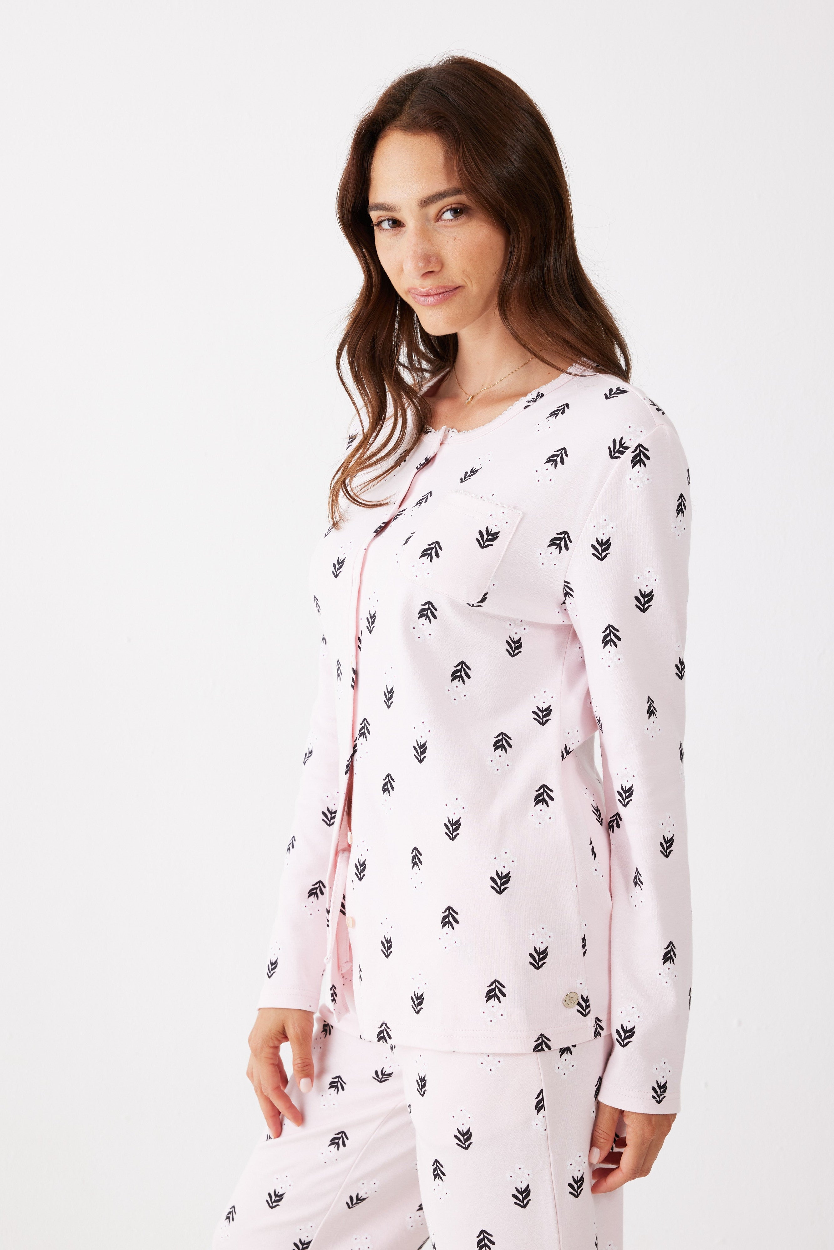 סט פיג'מה כפתורים פרחים כותנה