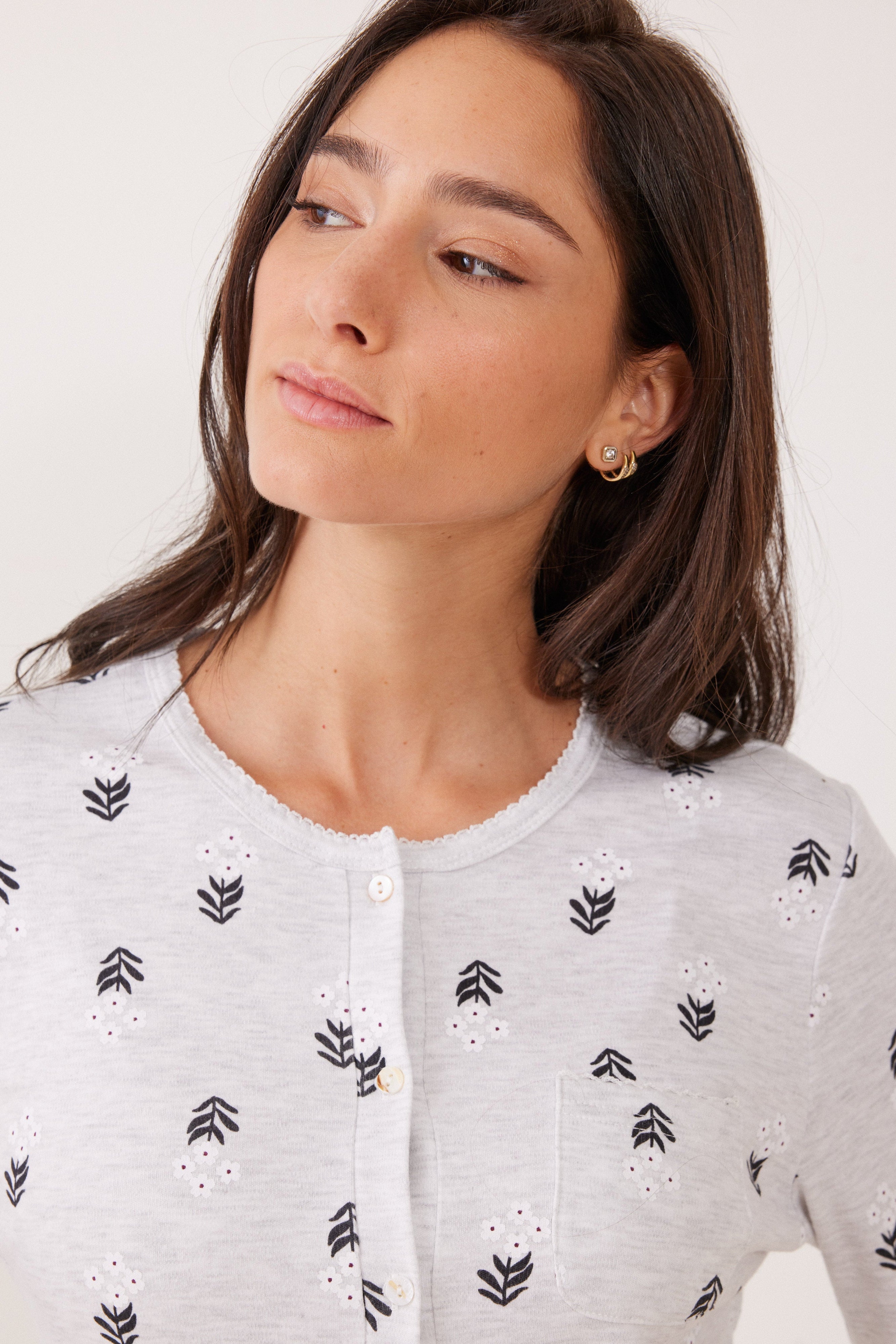 סט פיג'מה כפתורים פרחים כותנה