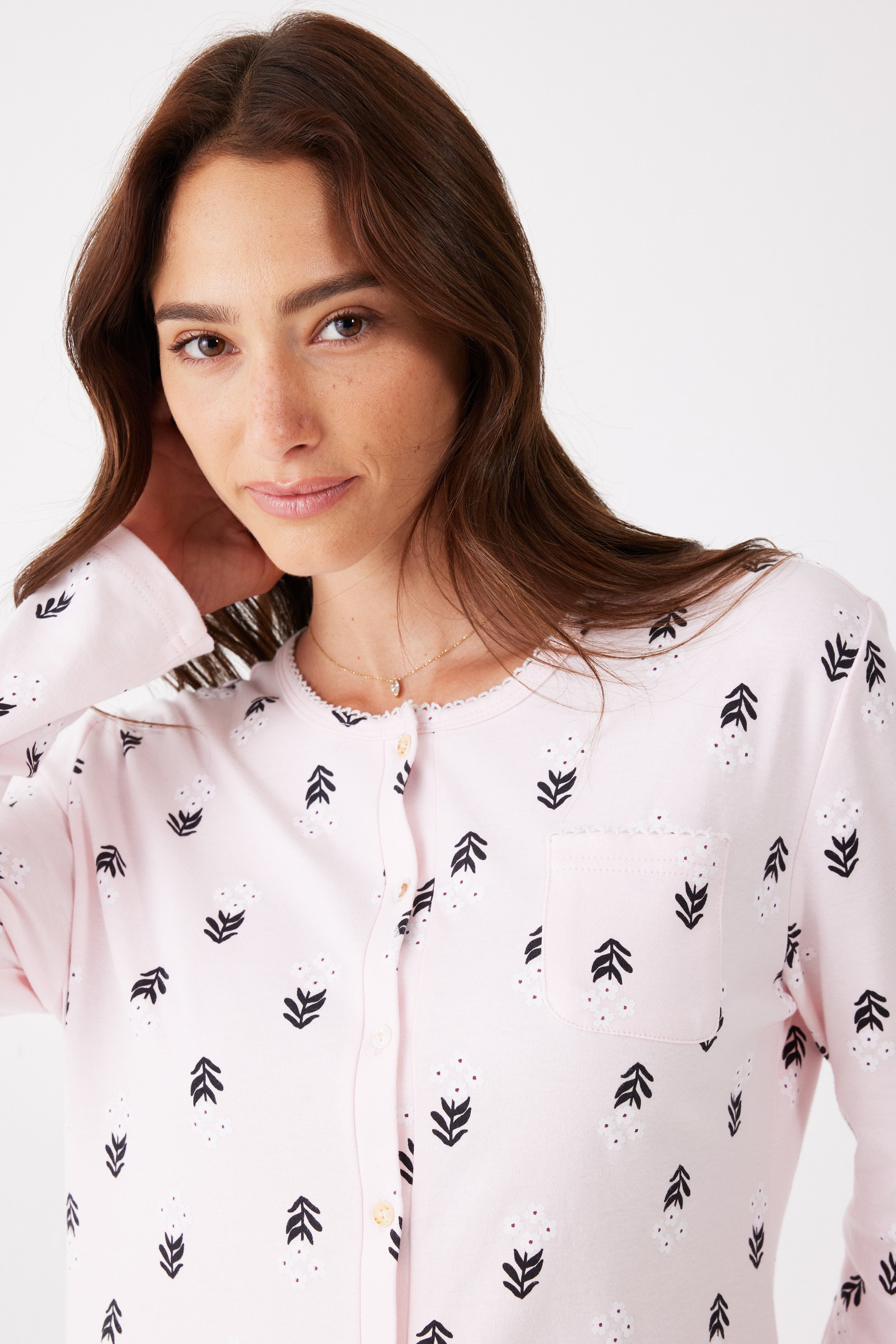 סט פיג'מה כפתורים פרחים כותנה