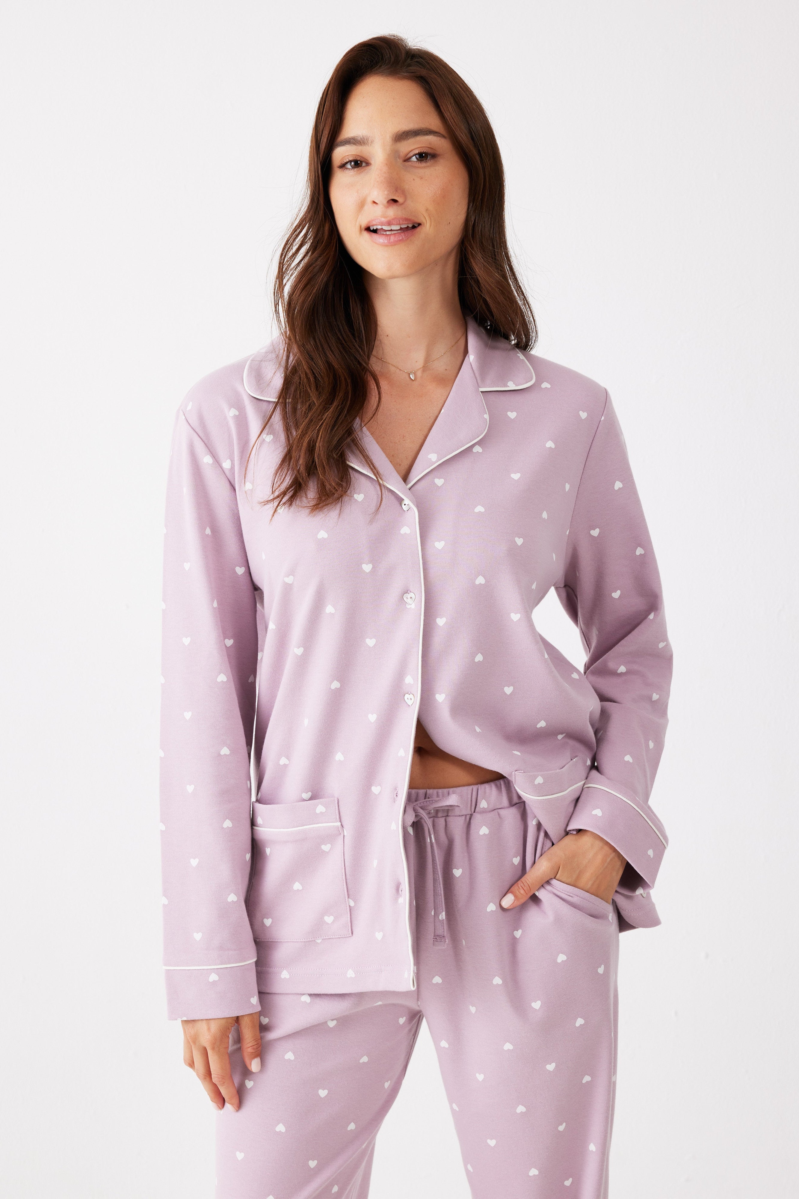 פיג'מה מכופתרת לבבות כותנה