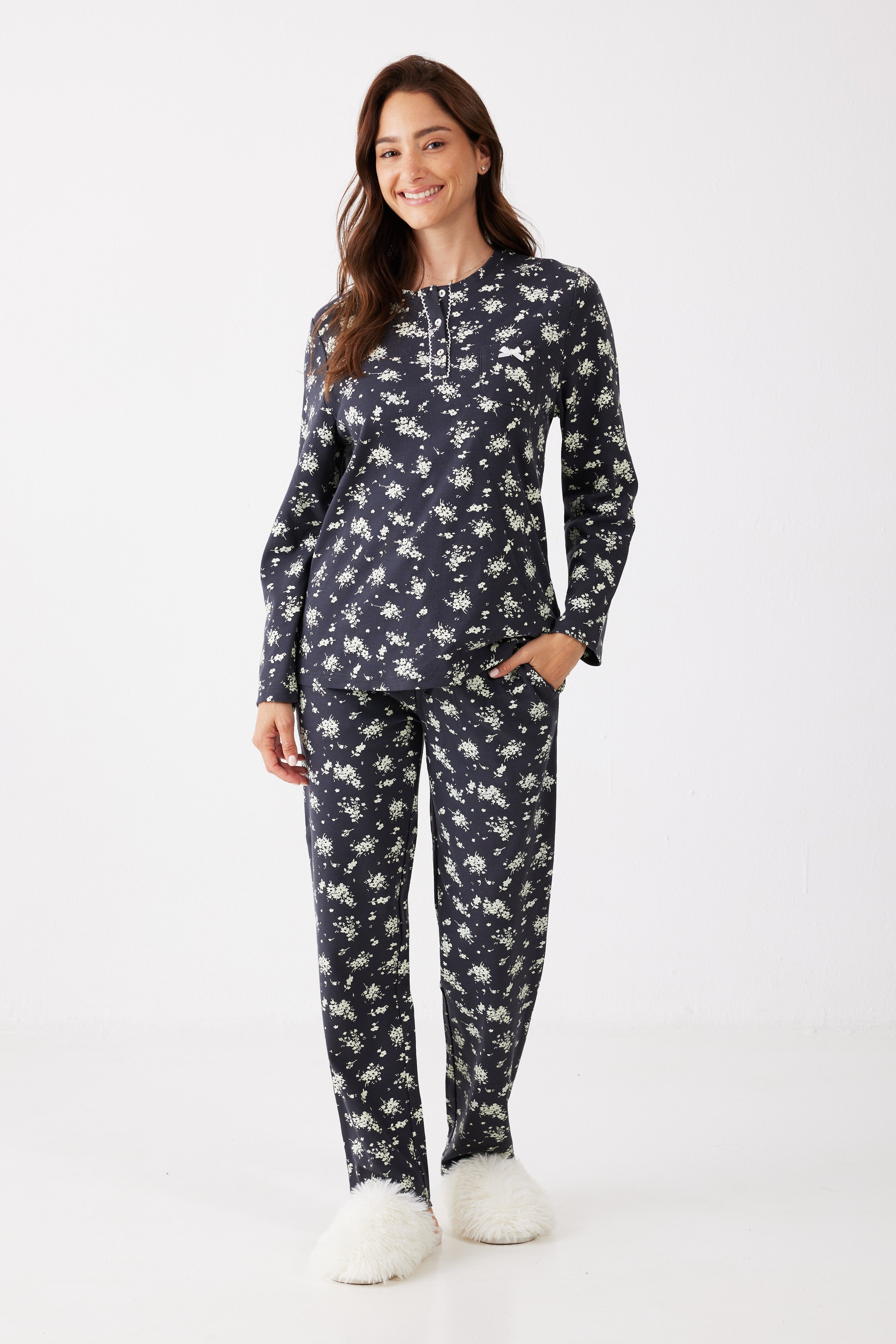 סט פיג'מה פרחים 100% כותנה