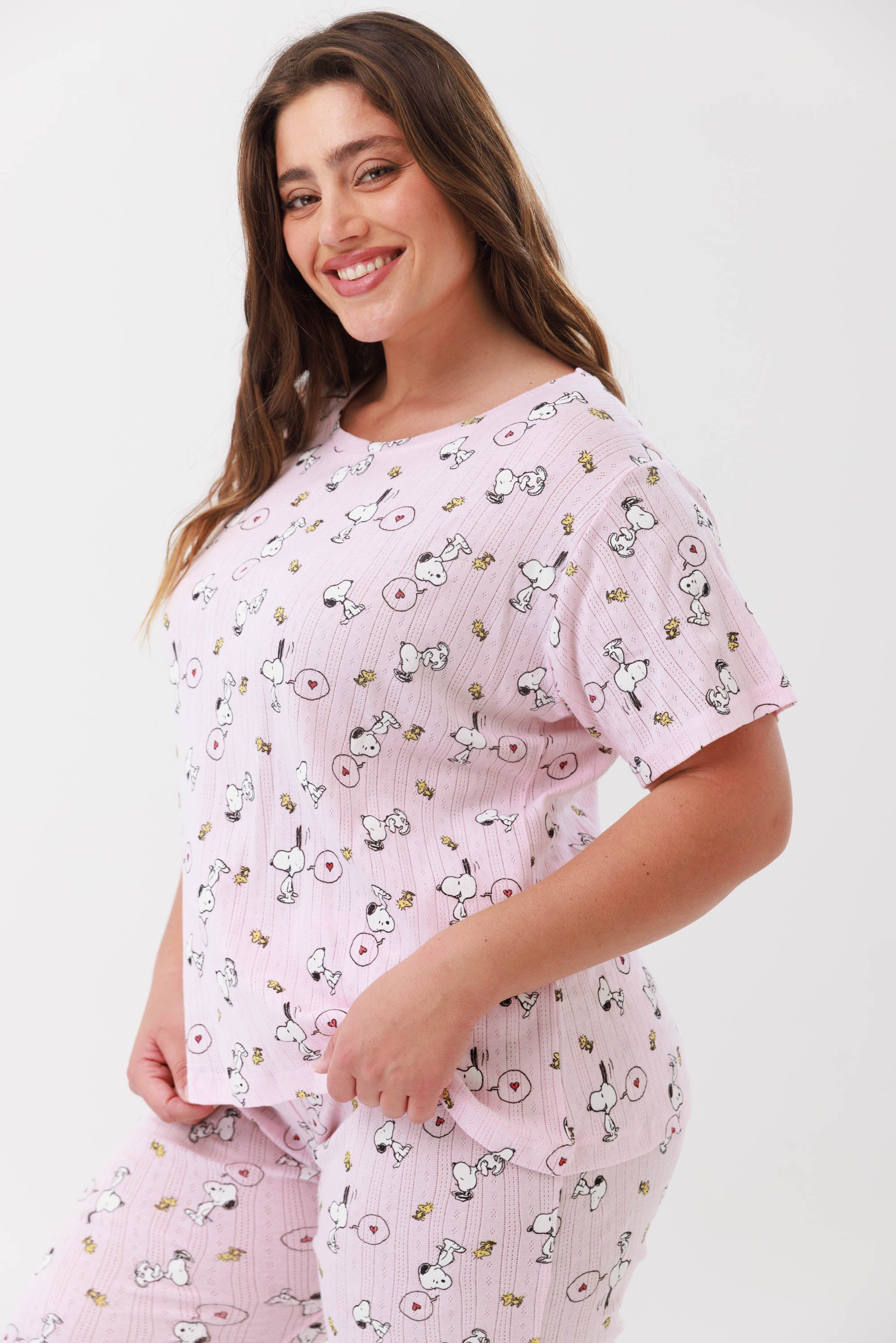 פיגמת קיץ נשים מכנסיים 3/4 עם הדפס סנופי וטקסטורת פוינטל בצע ורוד בייבי