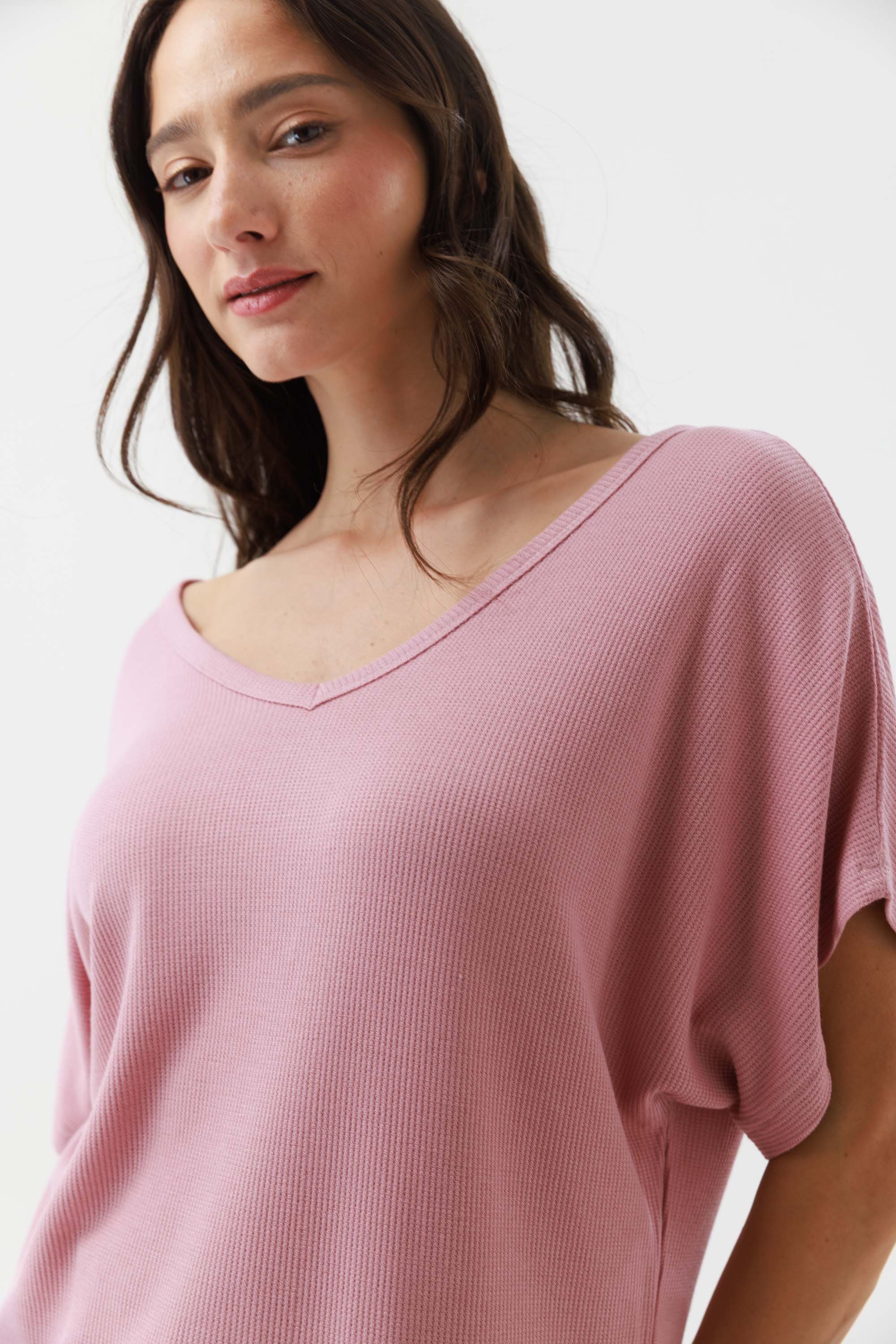 סט חליפת פנאי מבד וופל חולצה שרוול קצר ומכנס ארוך צבע ורוד