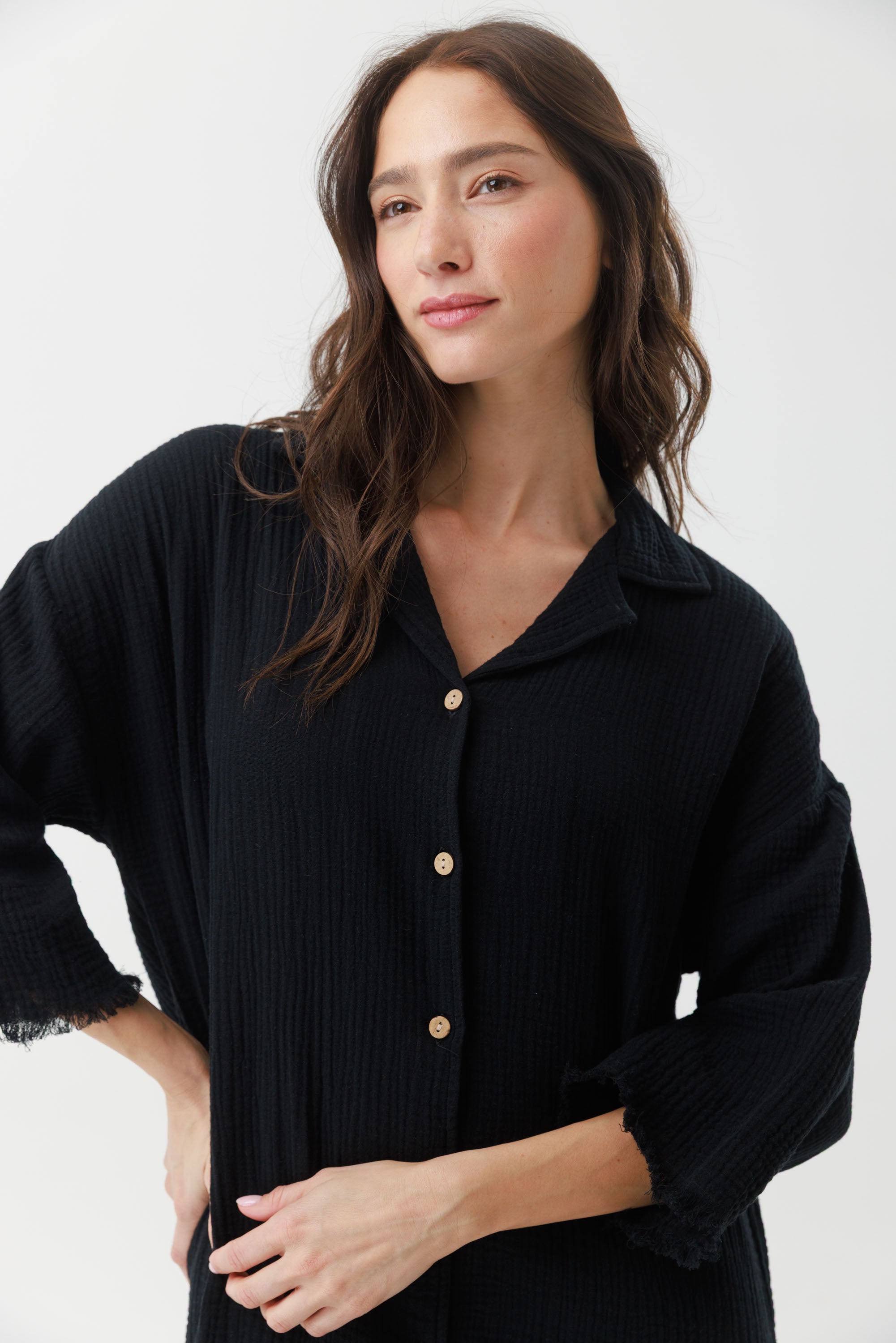 שמלת בית טטרה מכופתרת 100% כותנה צבע שחור