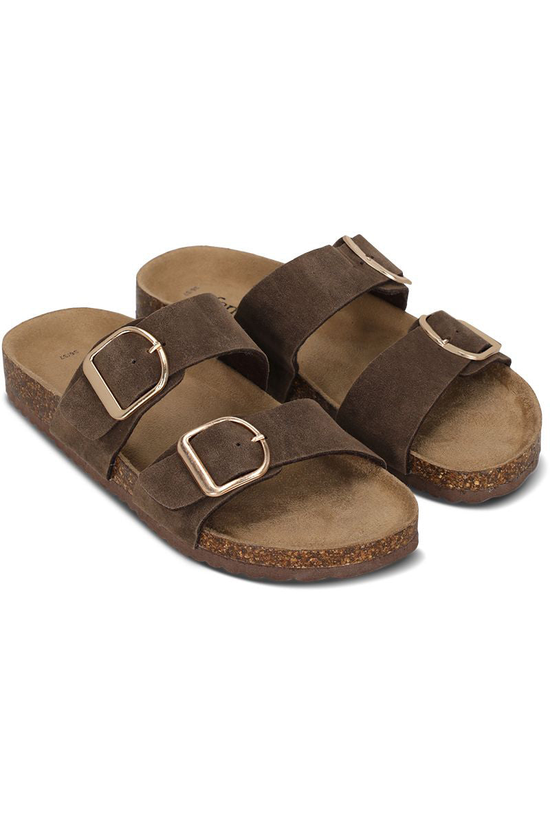 נעל בית מבד שמוי זמש עם אבזמי זהב מט