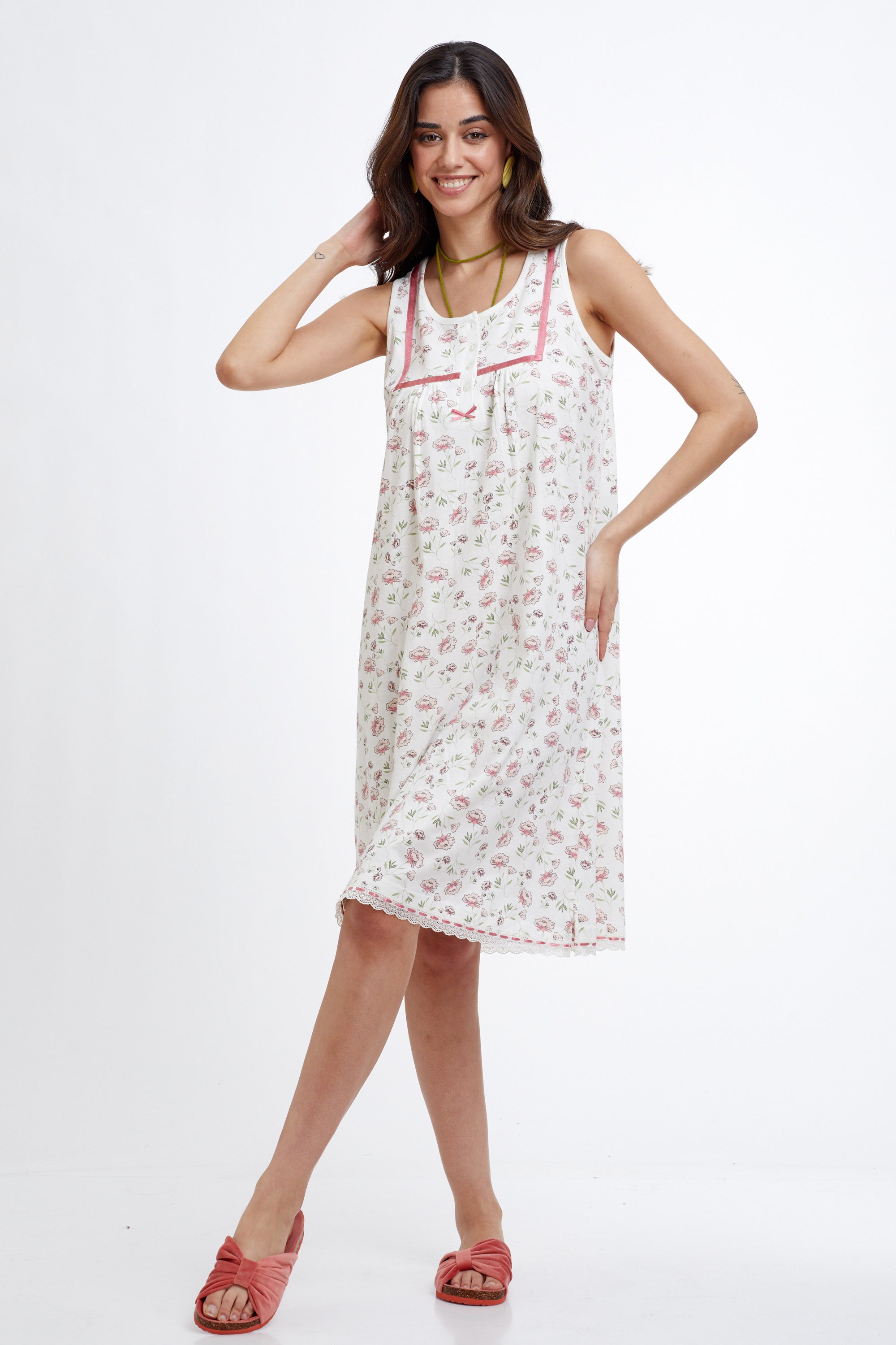 Floral Sleevless Gown Cotton  כותונת לילה 100% כותנה