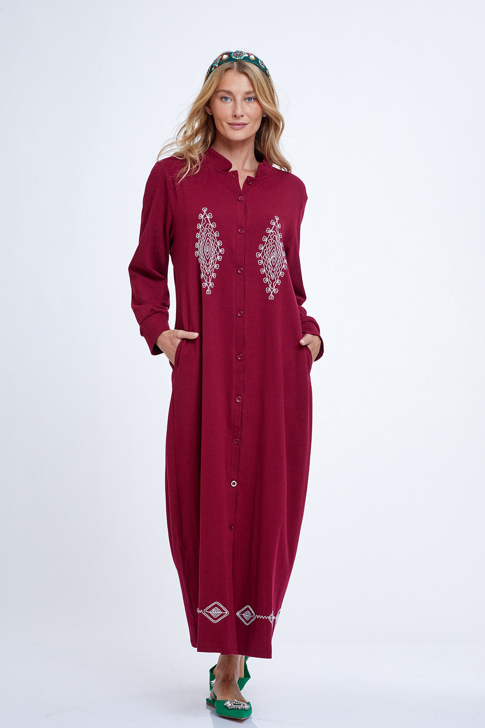 Ethnic Buttons Interlock Night Dress כותונת ארוכה בעיצוב אתני