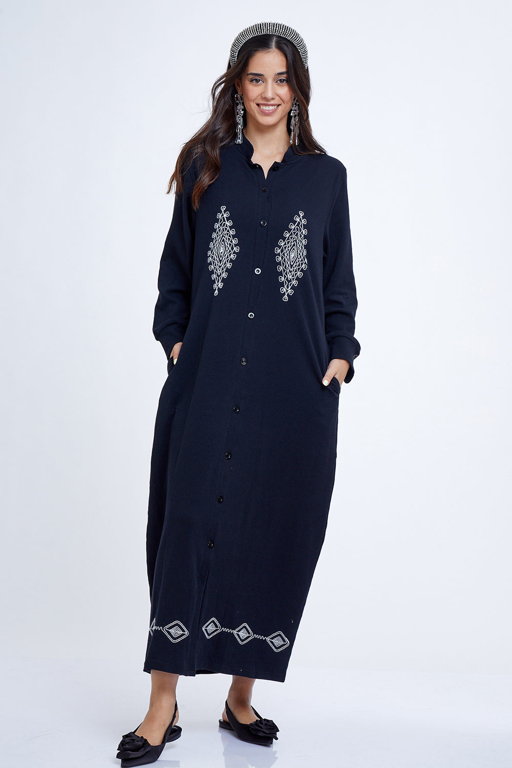 Ethnic Buttons Interlock Night Dress כותונת ארוכה בעיצוב אתני