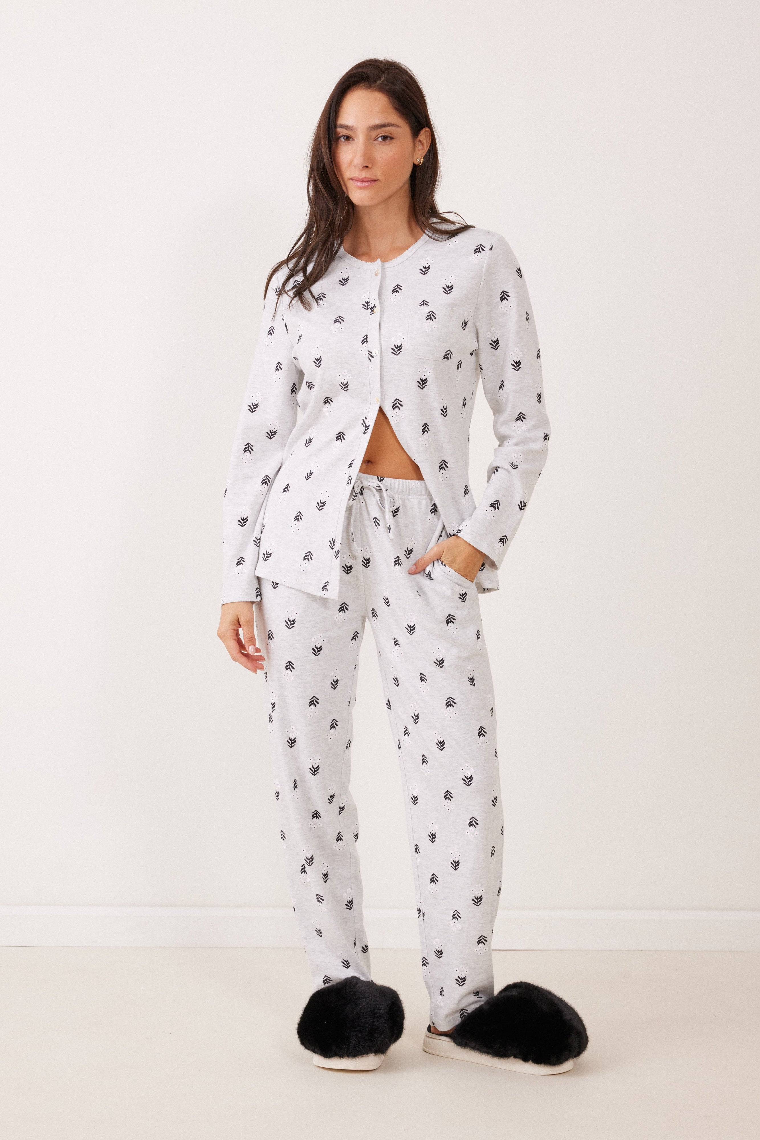 סט פיג'מה  כפתורים פרחים כותנה