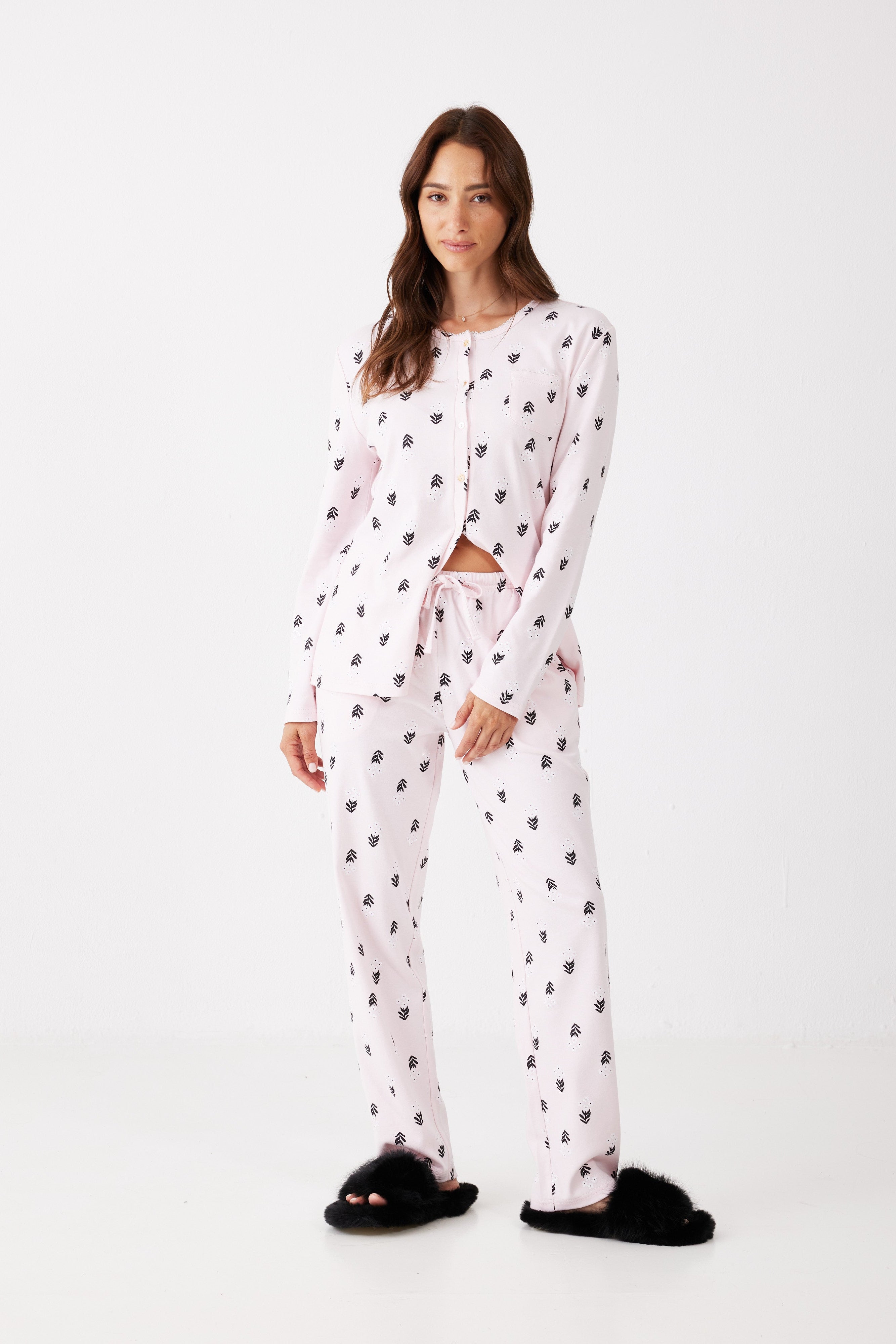 סט פיג'מה  כפתורים פרחים כותנה