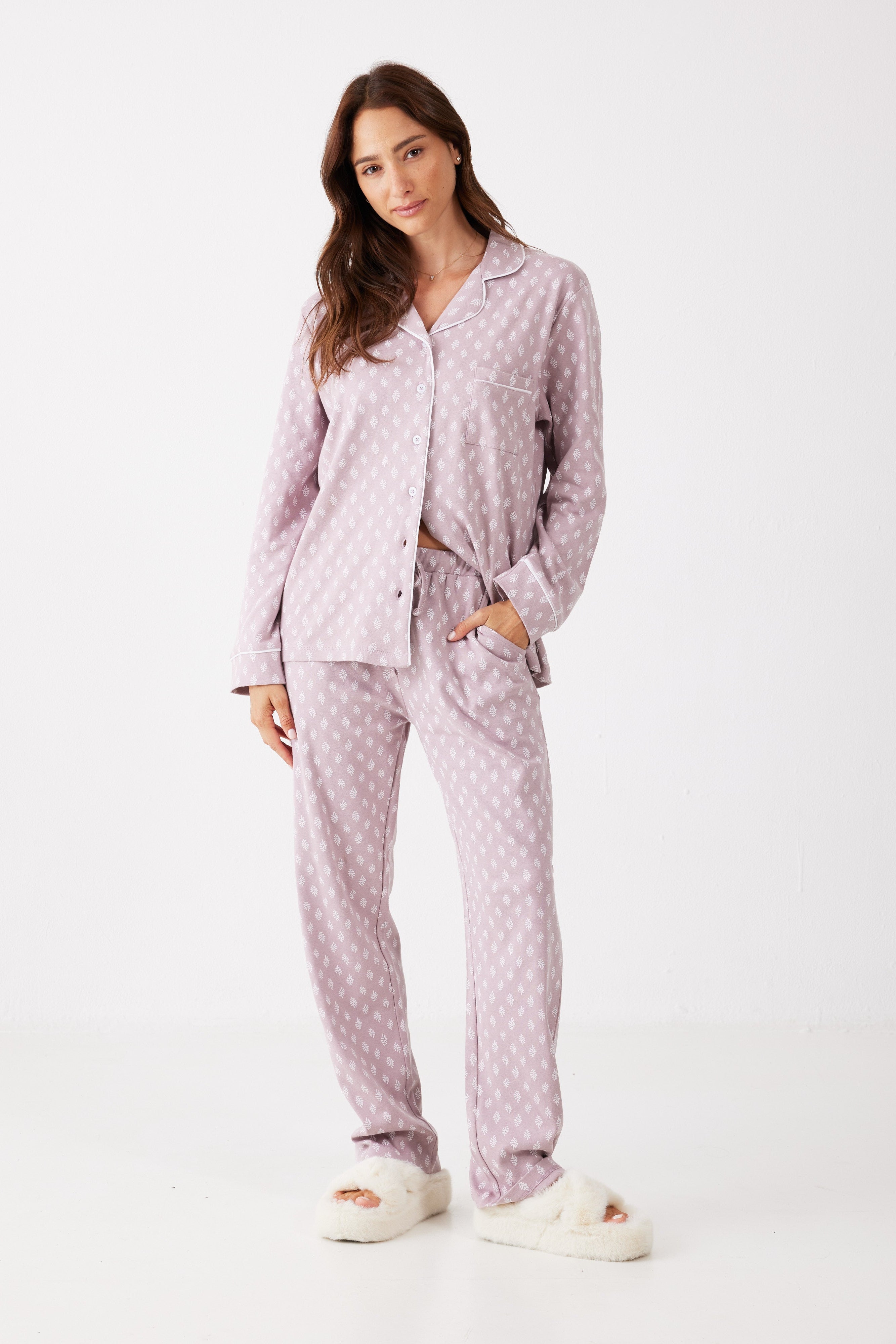 פיג'מה מכופתרת עלים כותנה