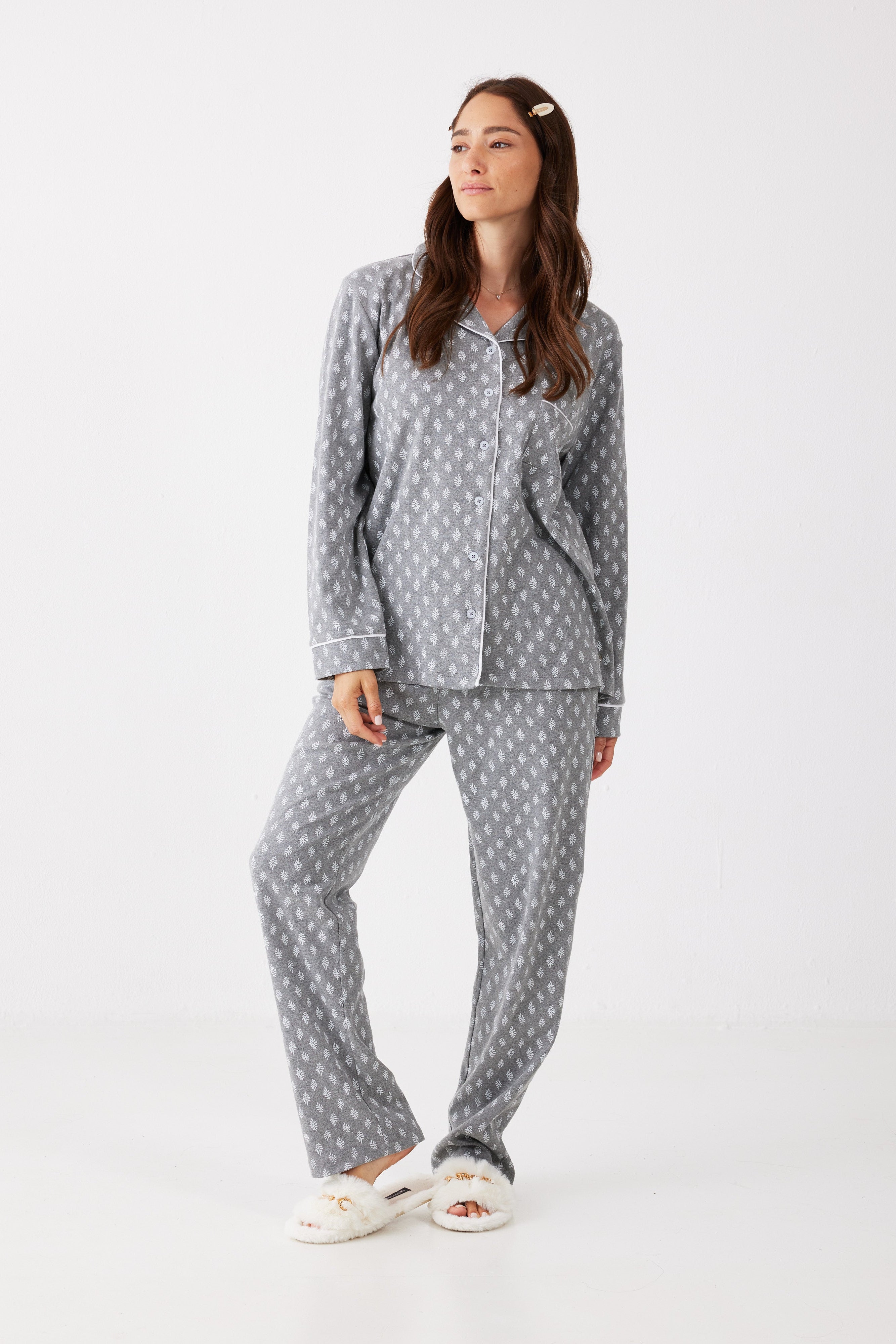 פיג'מה מכופתרת עלים כותנה