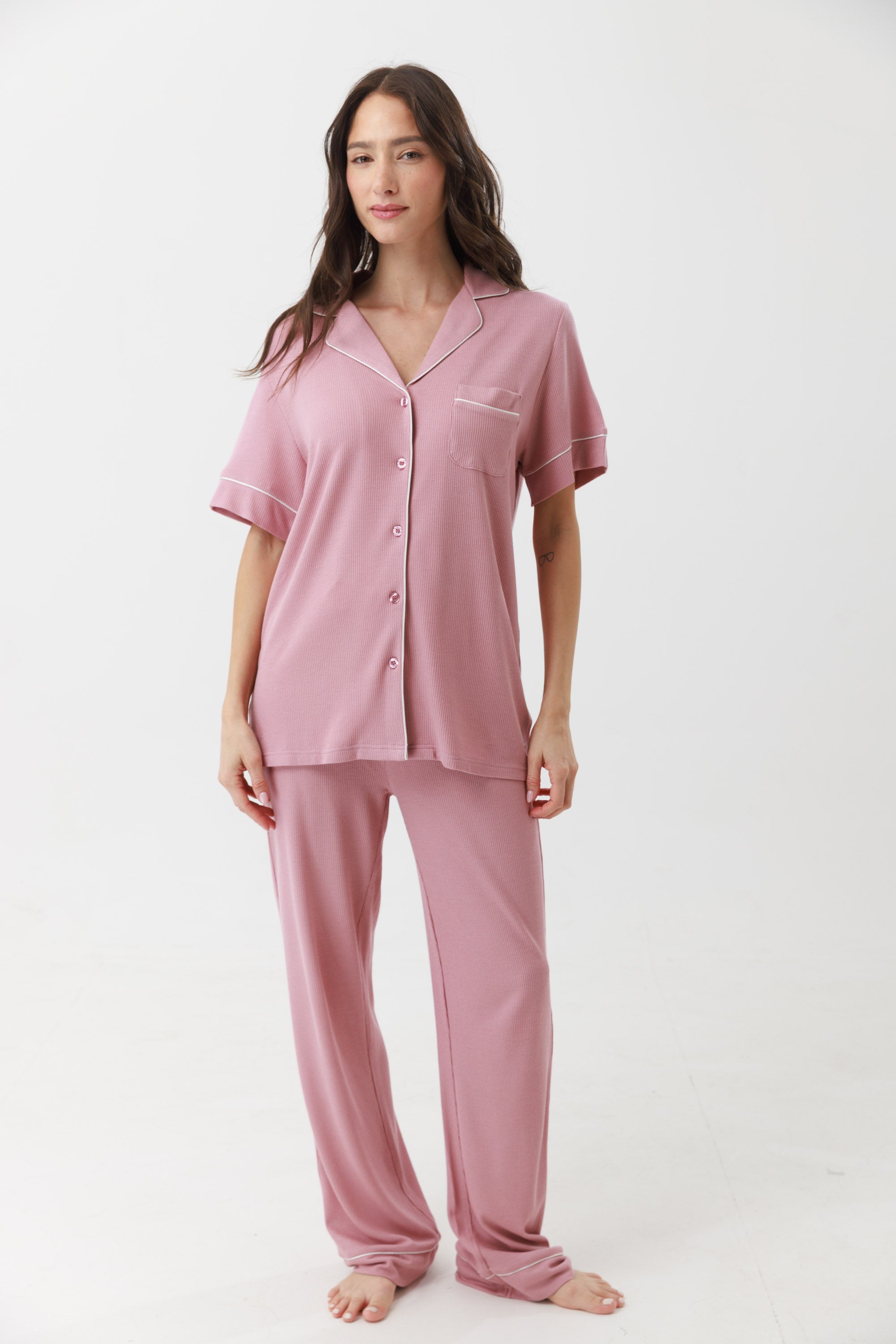 סט פיג'מה מכופתרת וופל ורודה