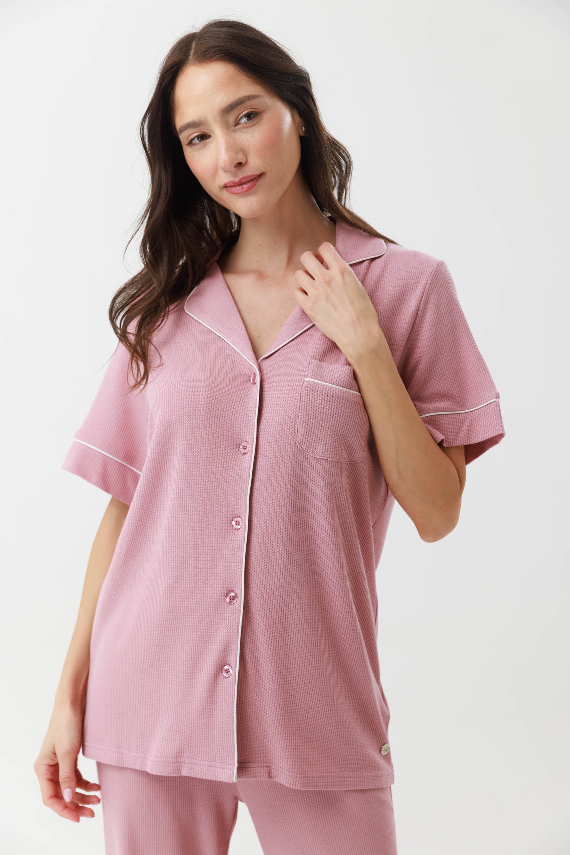 סט פיג'מה מכופתרת וופל ורודה