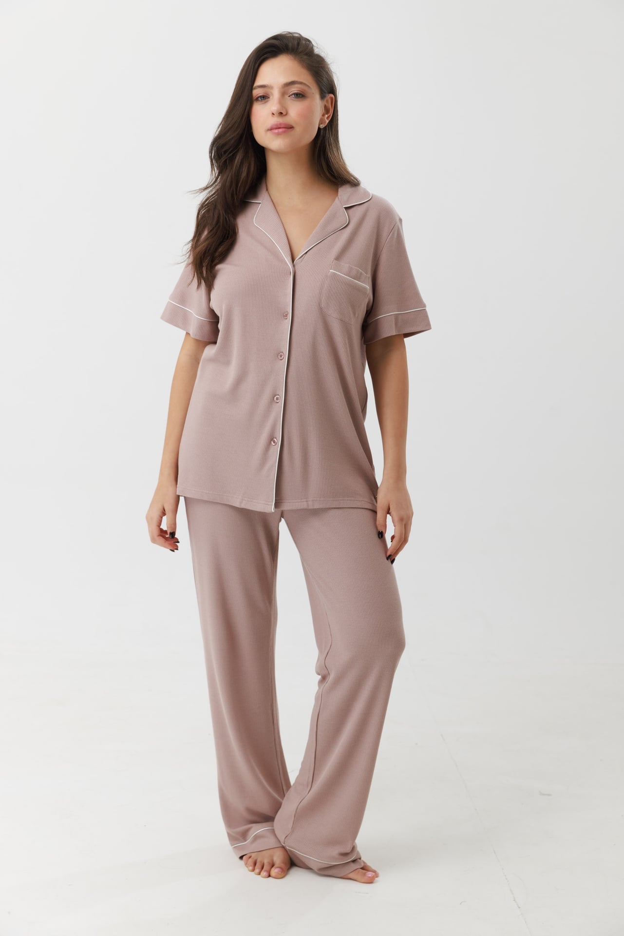 סט פיג'מה מכופתרת וופל קפה