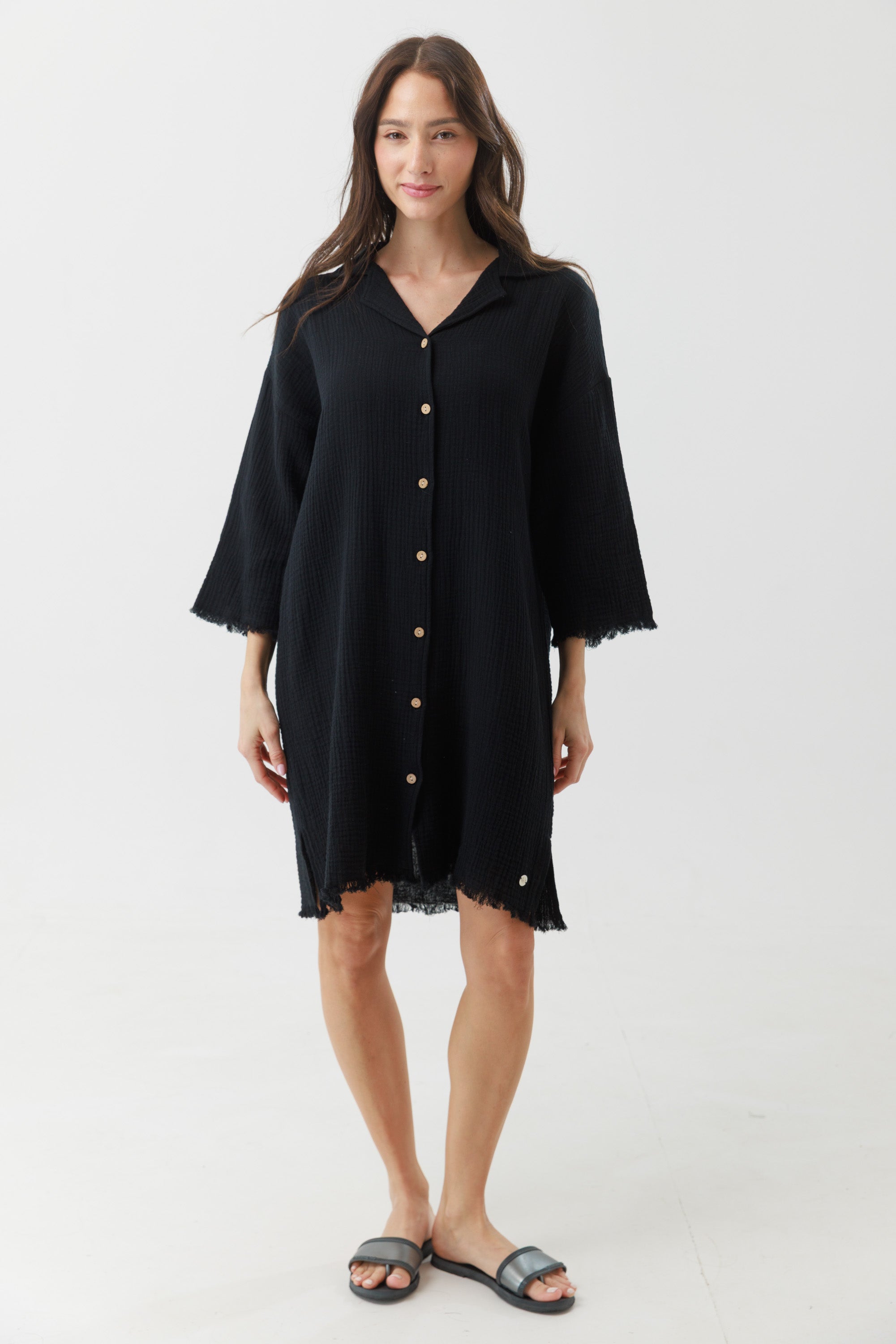 שמלת בית טטרה מכופתרת 100% כותנה צבע שחור