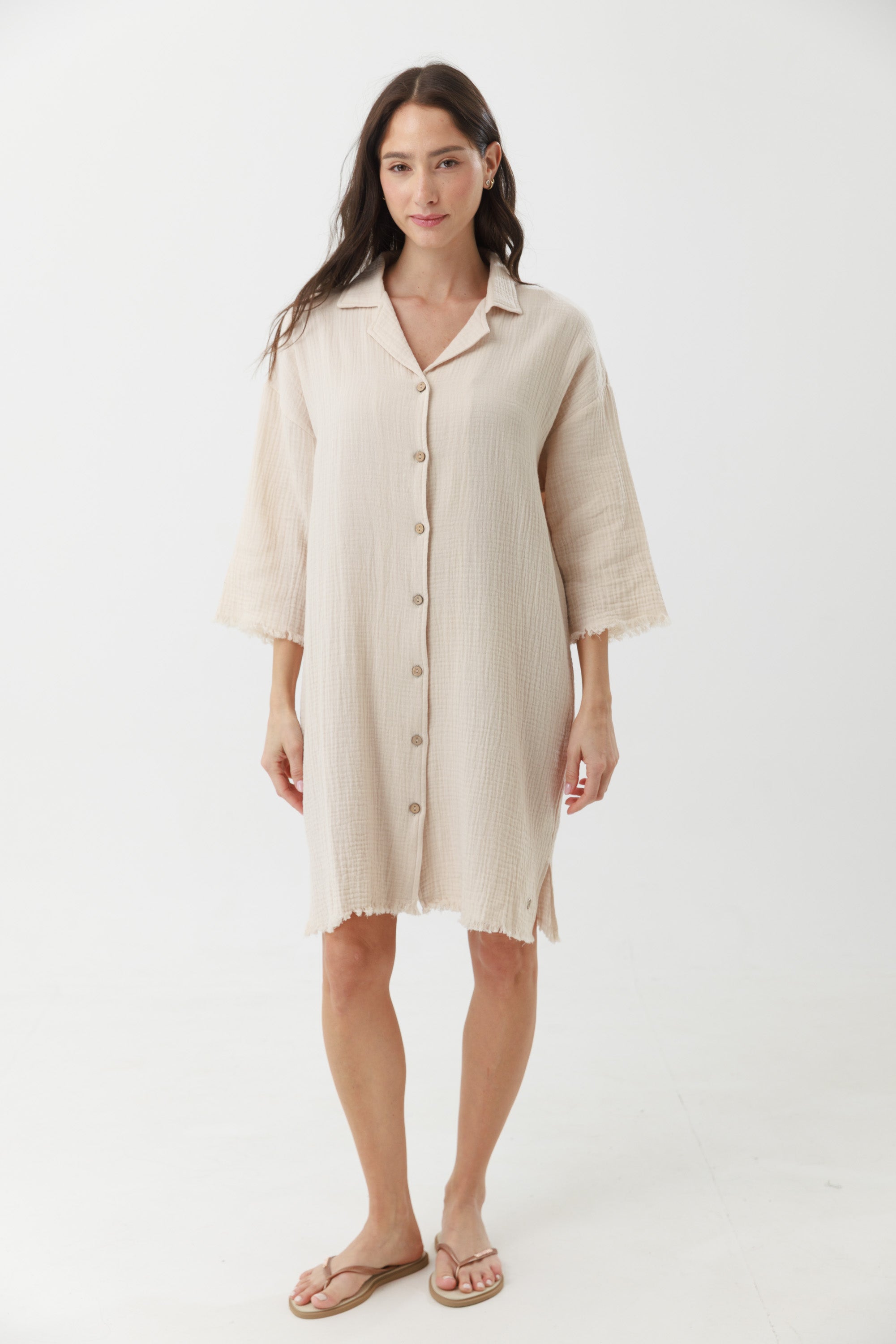 שמלת בית טטרה מכופתרת 100% כותנה צבע בז