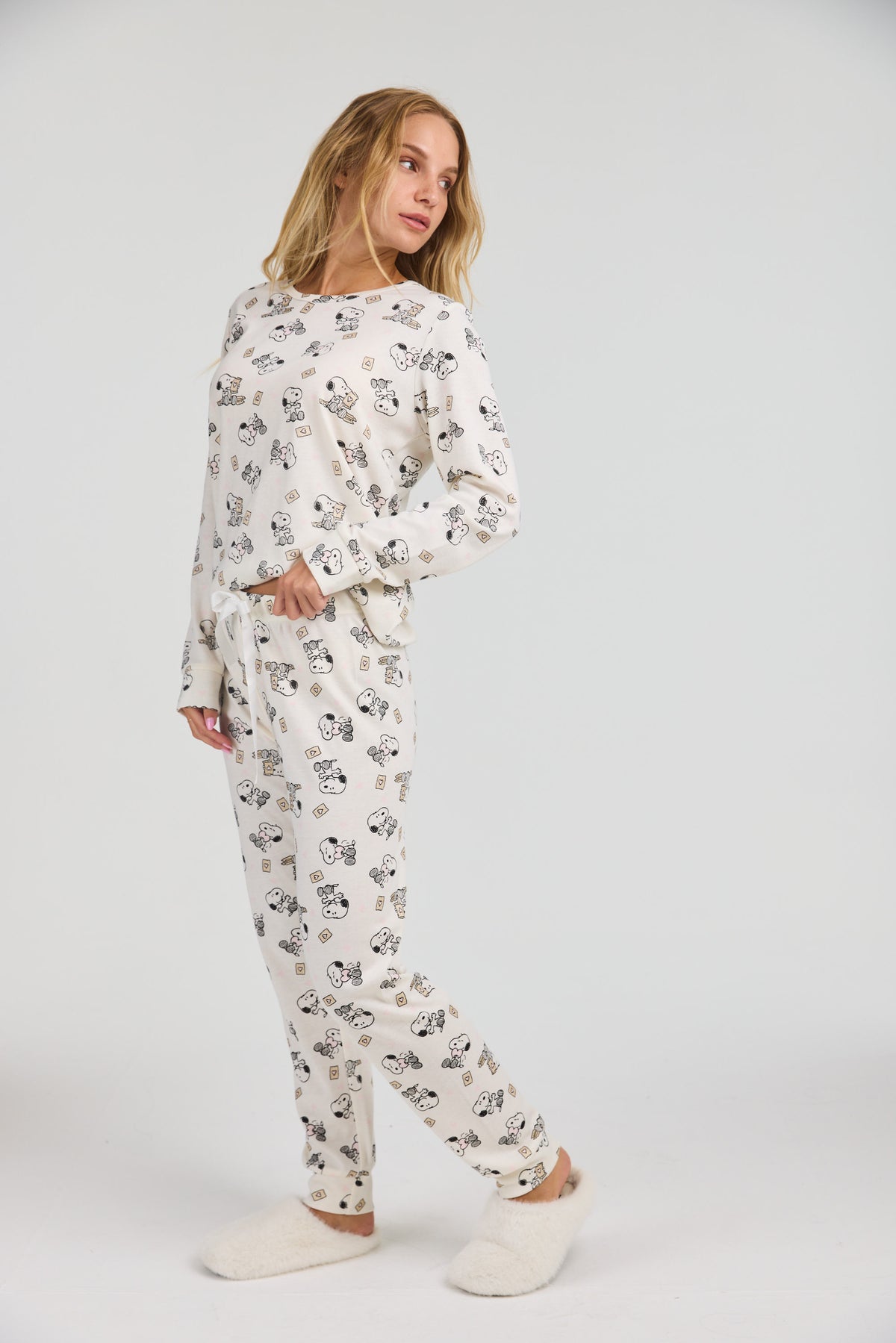 סט פיג'מה חורף סנופי אינטרלוק - שמנת