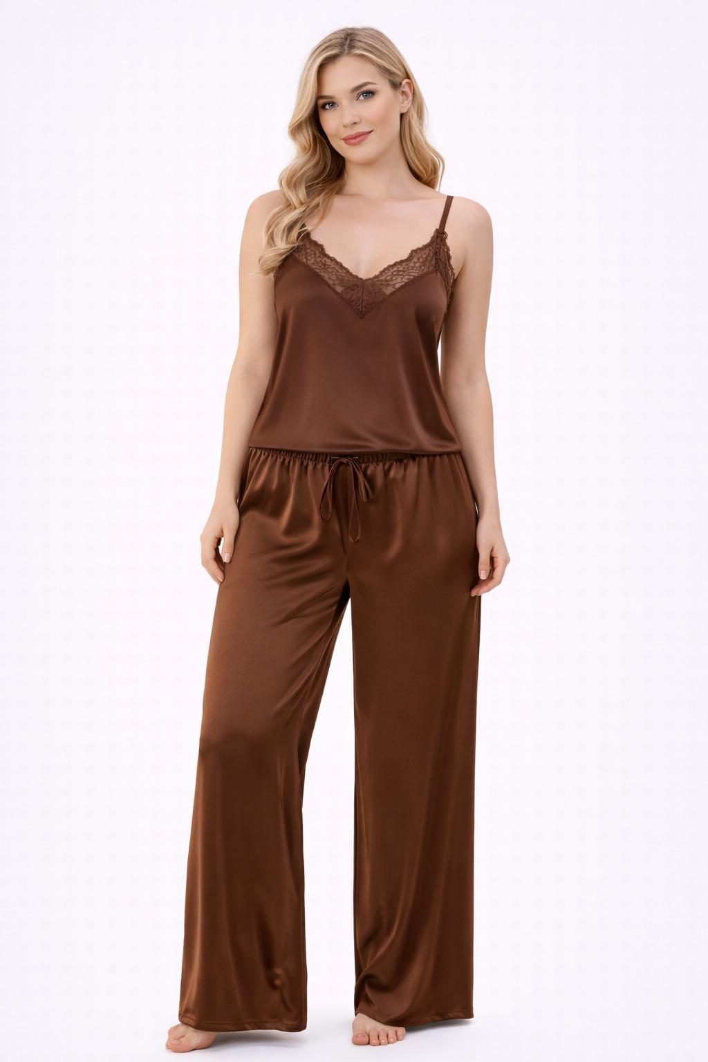 Kim סט סאטן גופיה ומכנס ארוך חום