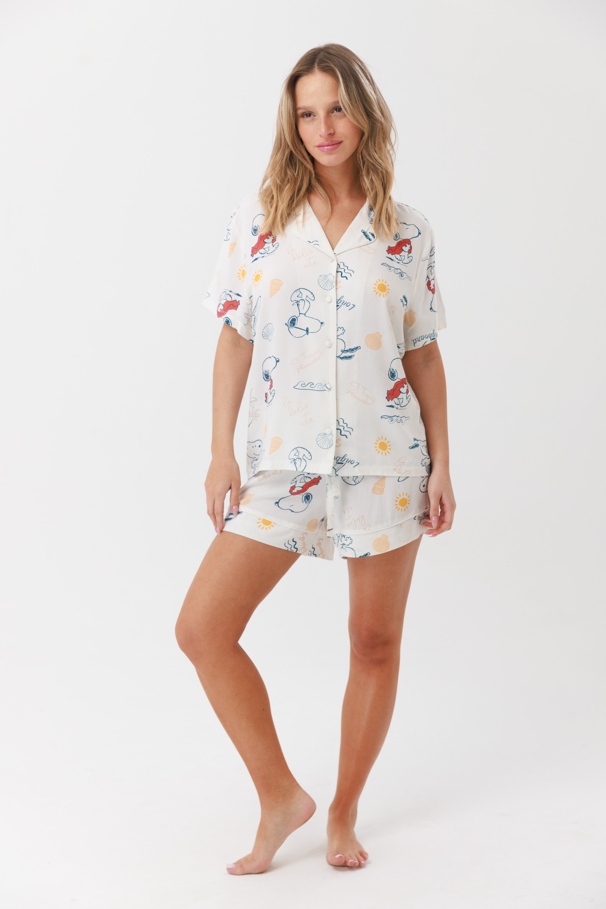 סט פיג'מה מכופתרת מכנס קצר 100% כותנה