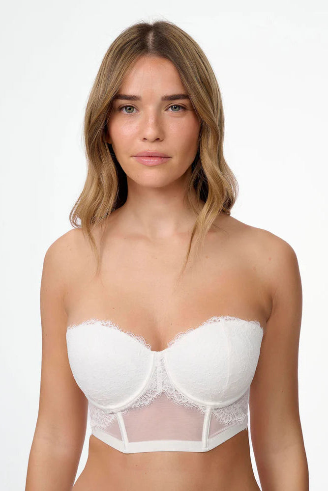 מחוך סטרפלס תחרה מרופד עם ברזלים - שמנת