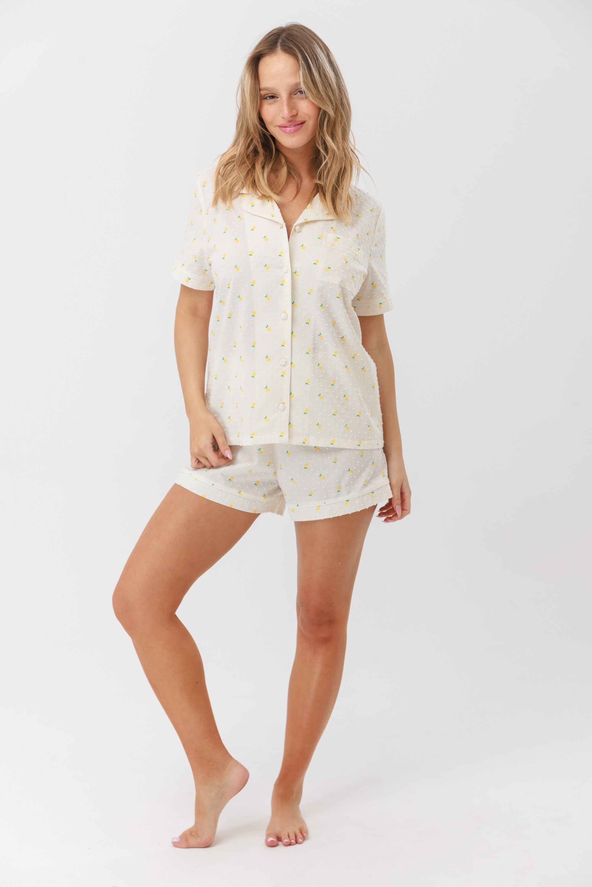 סט פיג'מה לימונים מכופתרת 100% כותנה