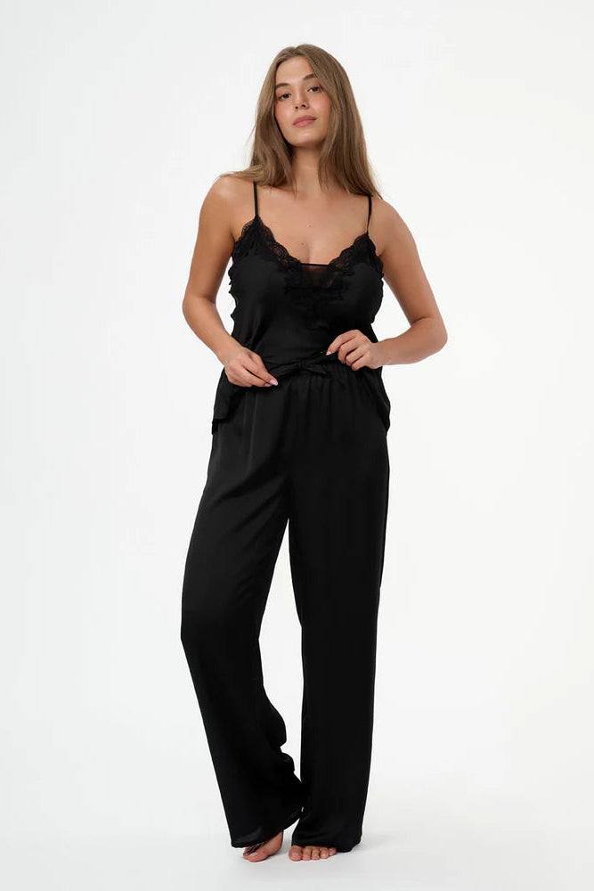 סט בייב דול סאטן מכנס ארוך - שחור