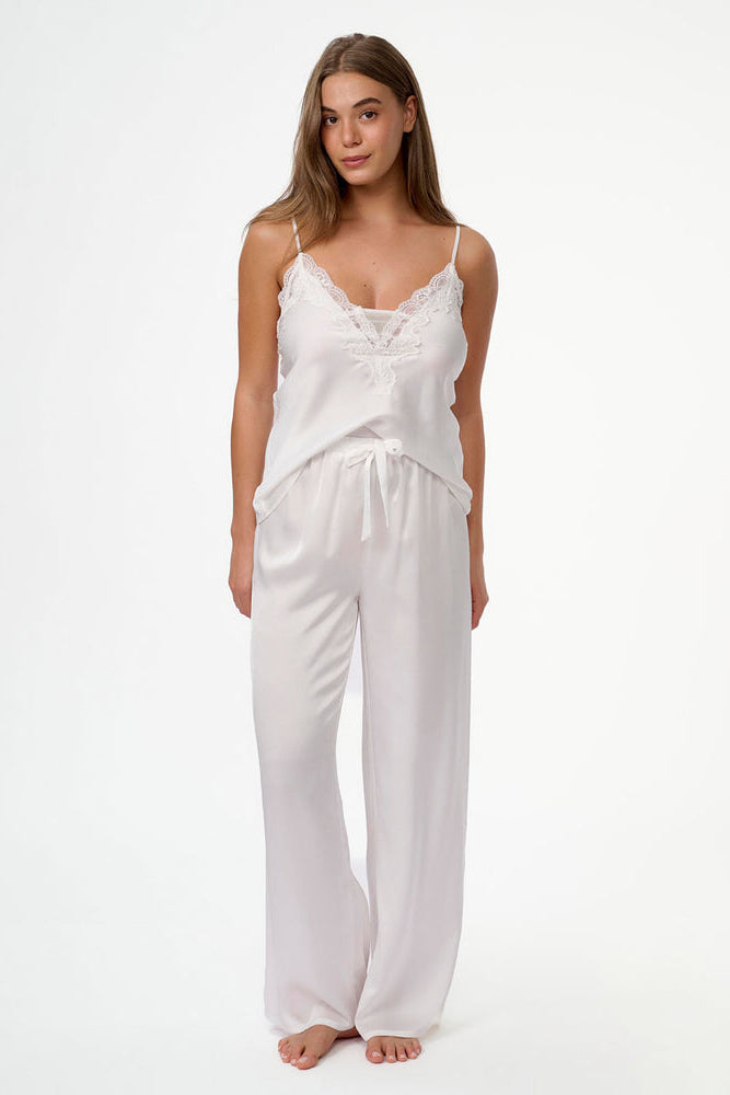 סט בייב דול סאטן מכנס ארוך - שמנת