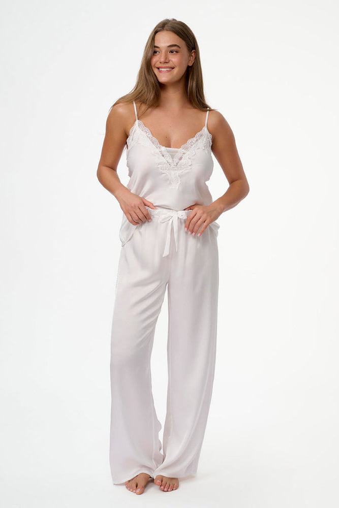 סט בייב דול סאטן מכנס ארוך - שמנת