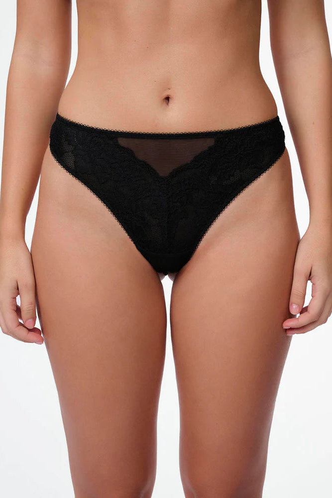 תחתון חוטיני תחרה ורשת - שחור