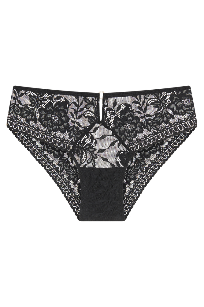 תחתון ביקיני תחרה  עם אביזר זהב - שחור