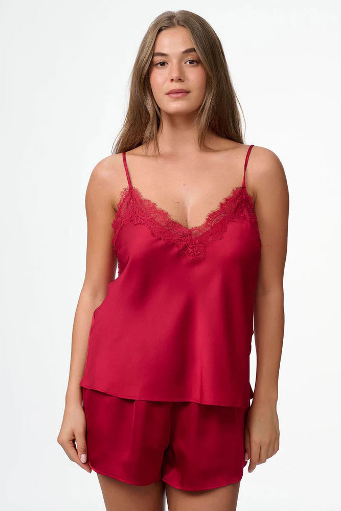 סט בייב דול סאטן בשילוב תחרת - אדום יין