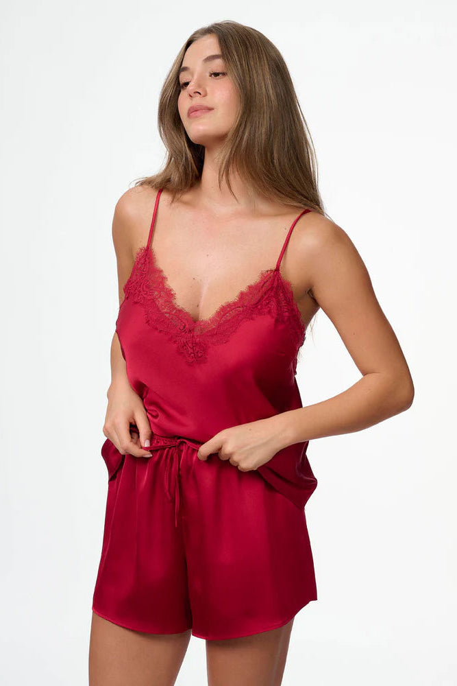 סט בייב דול סאטן בשילוב תחרת - אדום יין